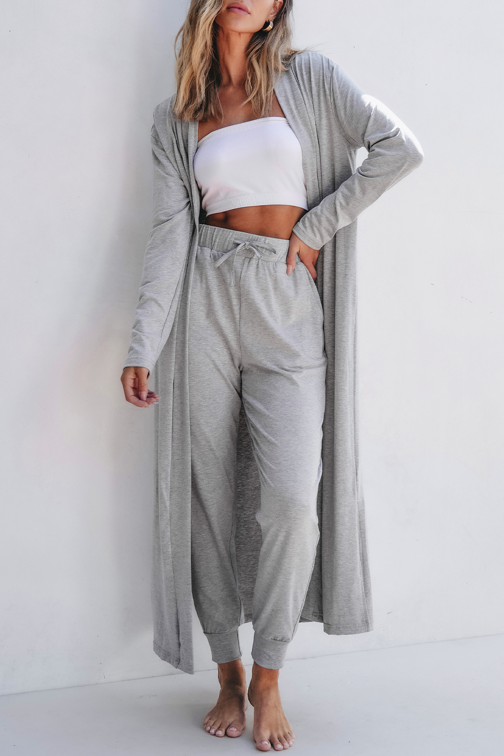 Parchment Split Long Cardigan and Skinny Pants Lounge Set - loveforevers