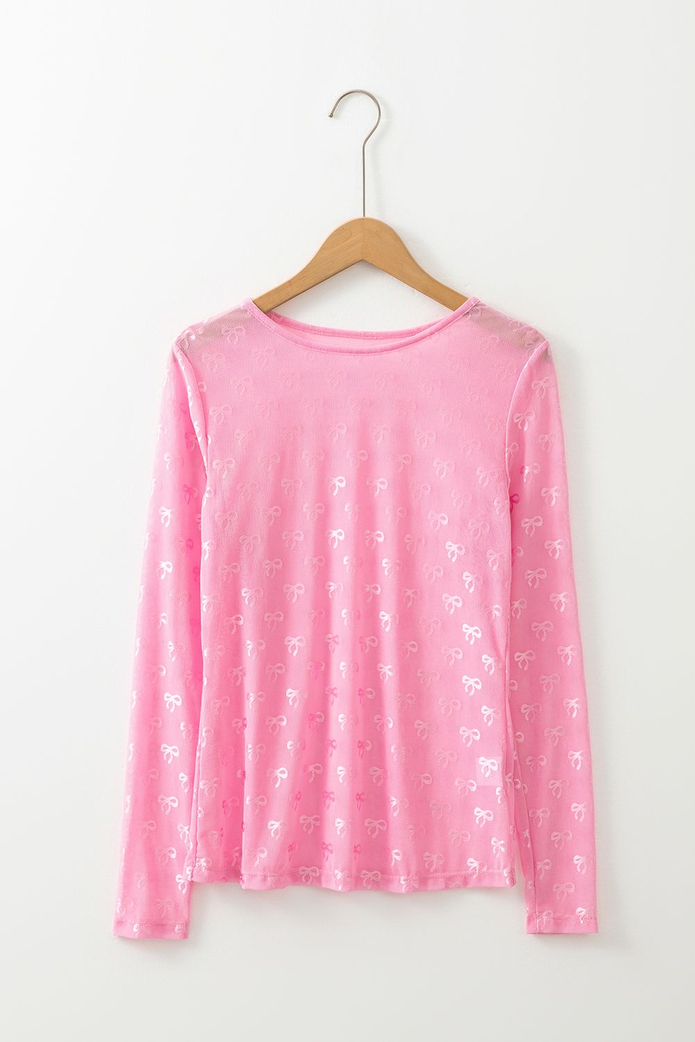 Pink Round Neck Bow Print Long Sleeve Mesh Top - loveforevers