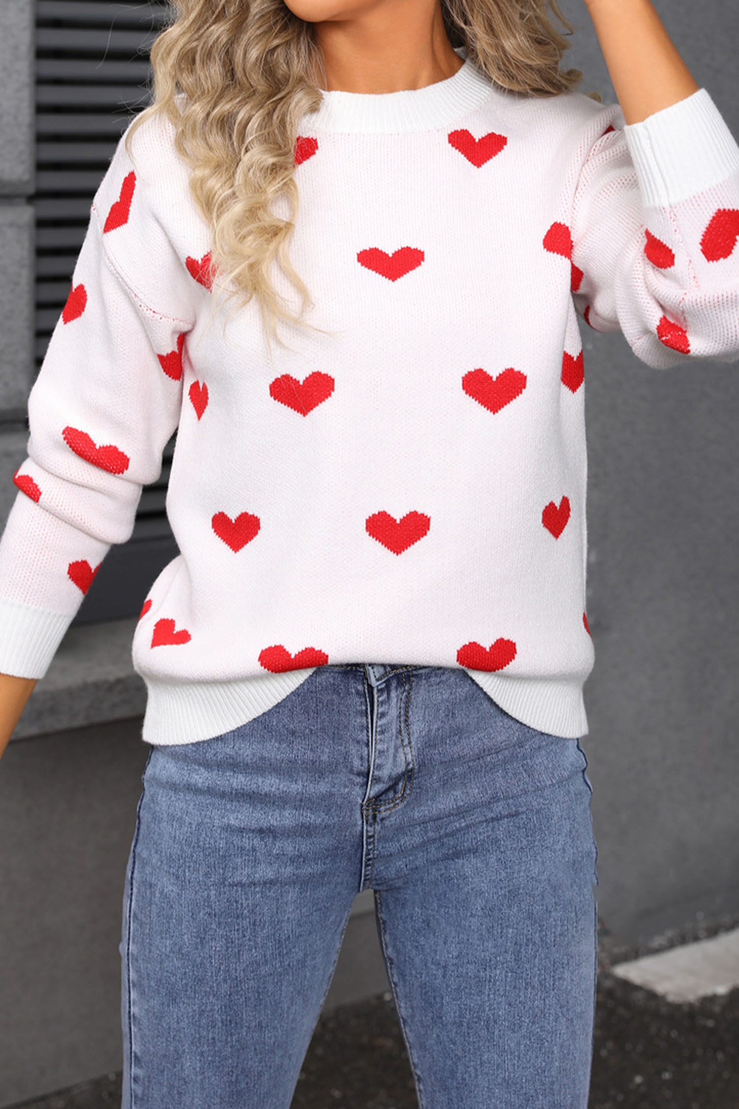 White Classic Round Neck Drop Shoulder Heart Print Sweater - loveforevers