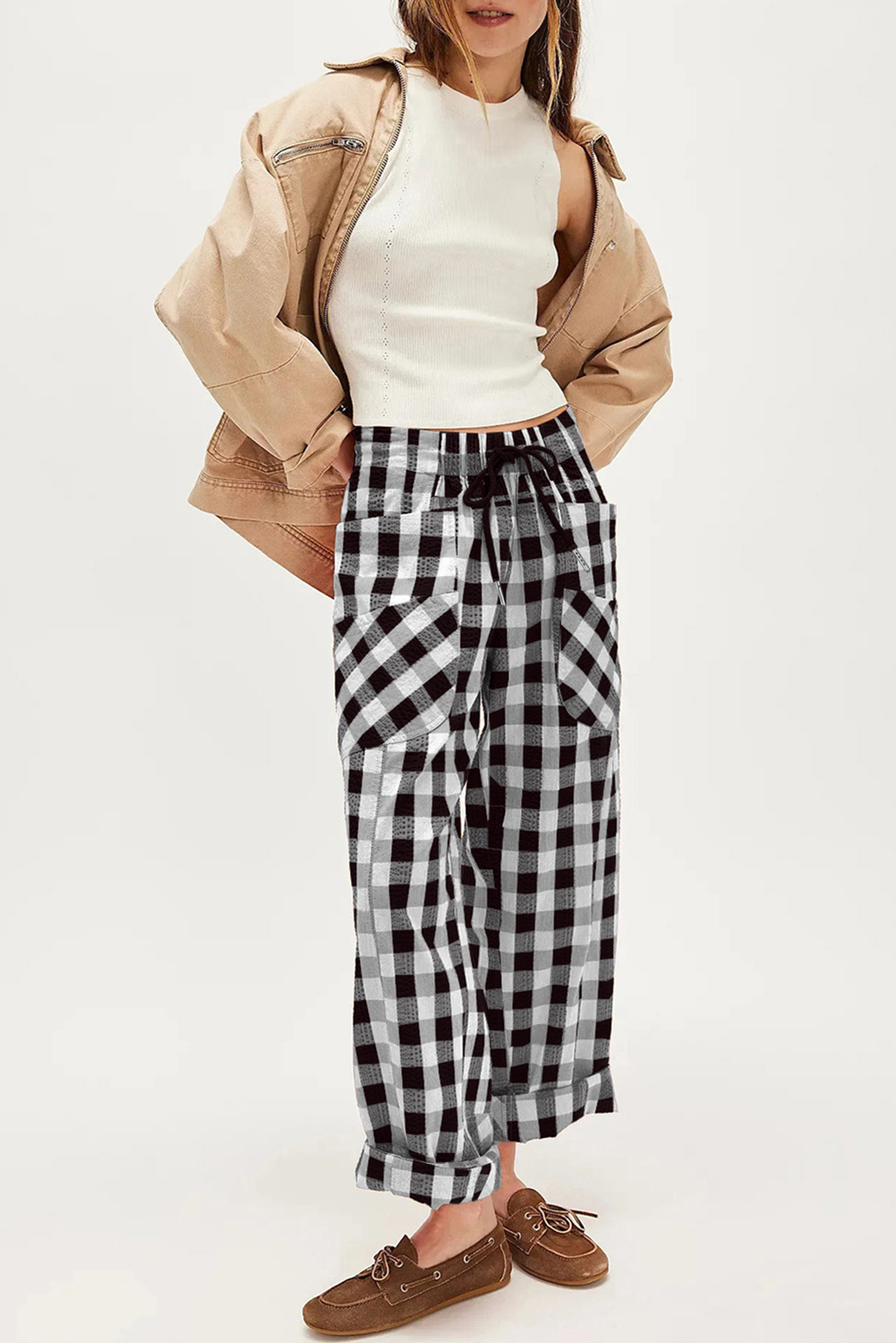 Black Checkered Print Double Pocketed Drawstring Casual Pants - loveforevers