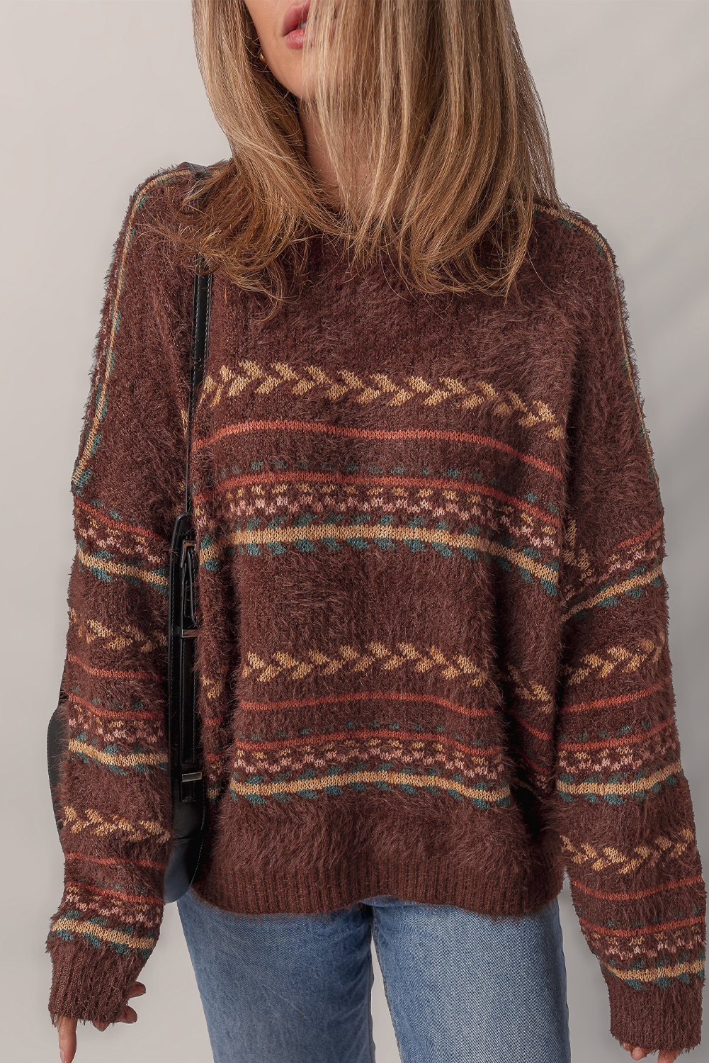 Brown Ethnic Pattern Mohair Knitted Drop Shoulder Sweater - loveforevers