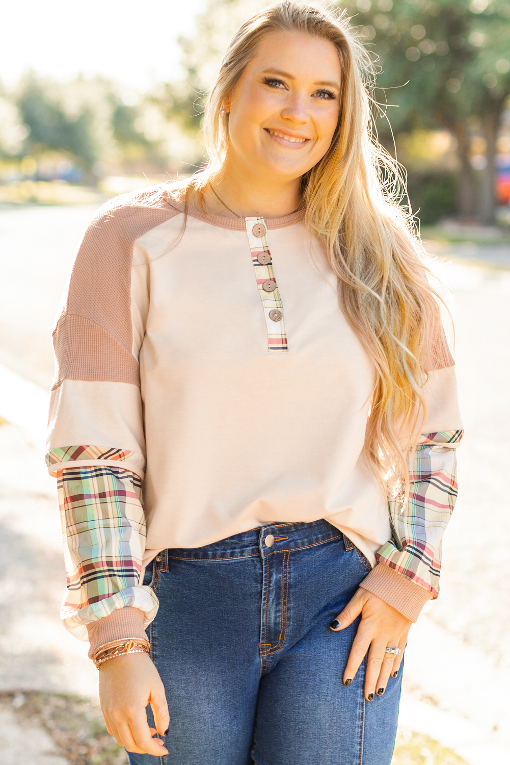 Parchment Plus Size Plaid Patchwork Layered Henley Top - loveforevers