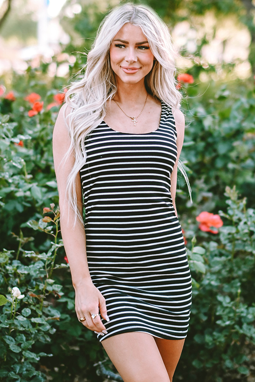 Black Stripe Ribbed Knit Sleeveless Mini Dress - loveforevers