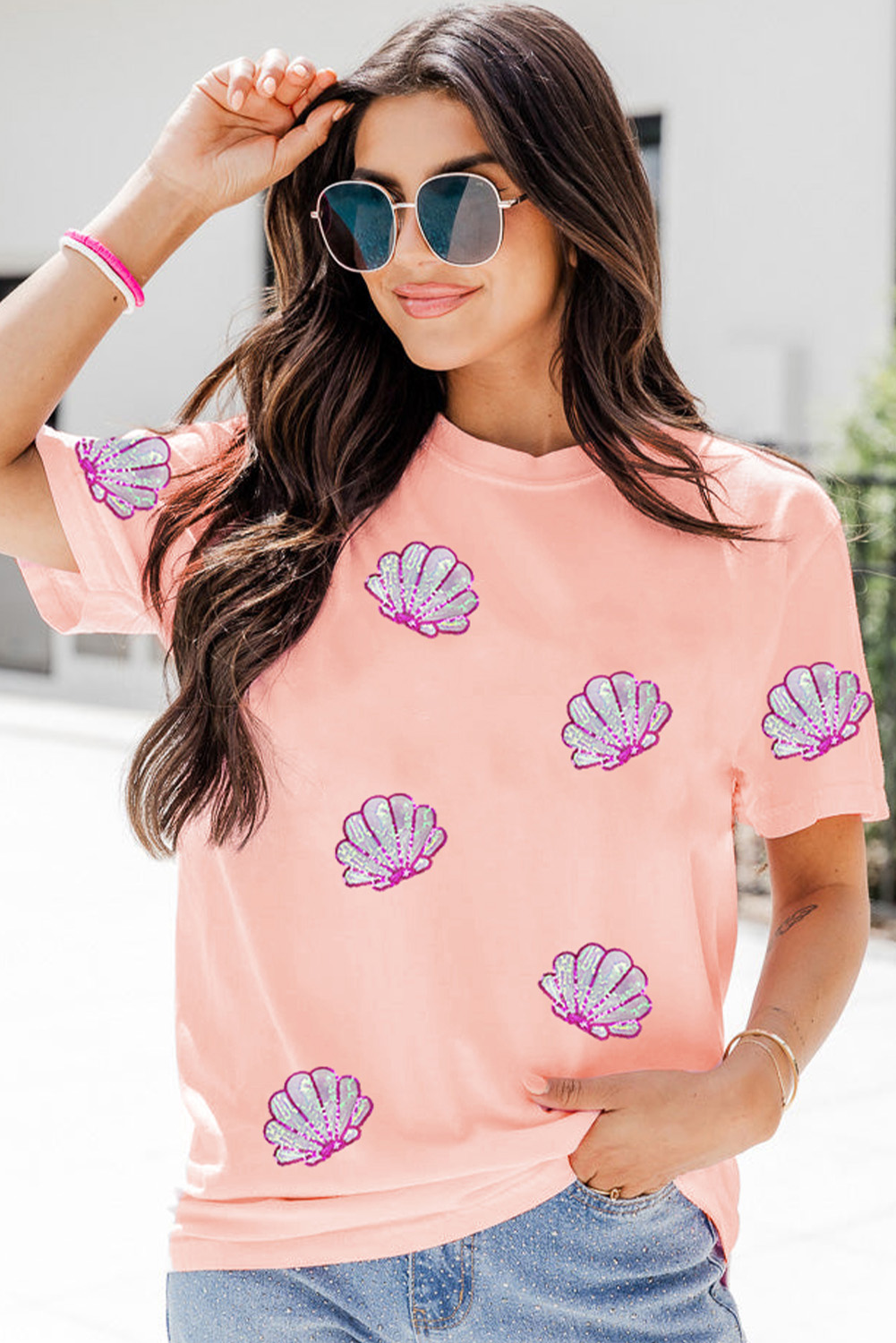 Pink Sequin Shell Graphic Round Neck T Shirt - loveforevers