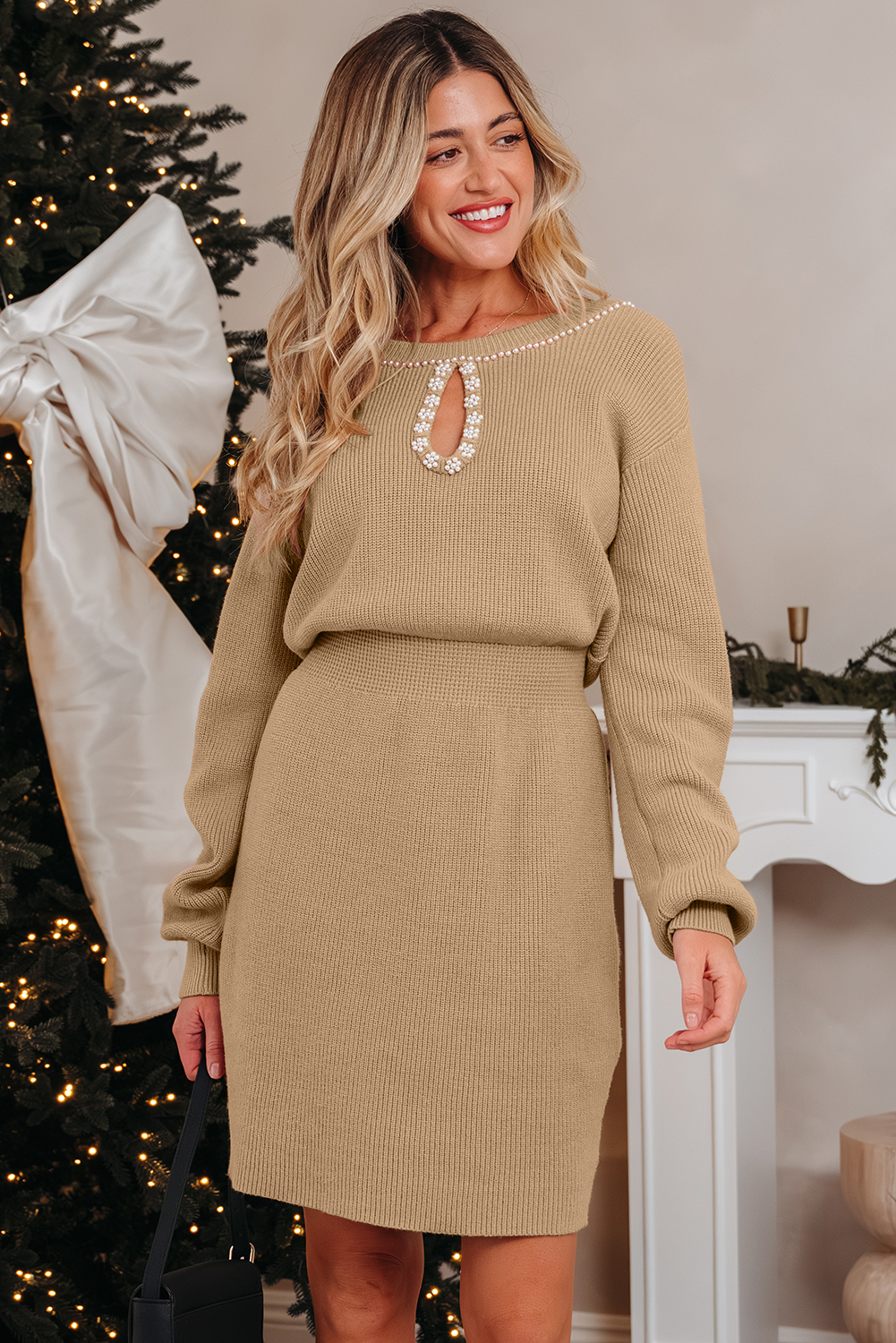 Smoke Gray Pearl Embellished Keyhole Ribbed Sweater Dress - loveforevers