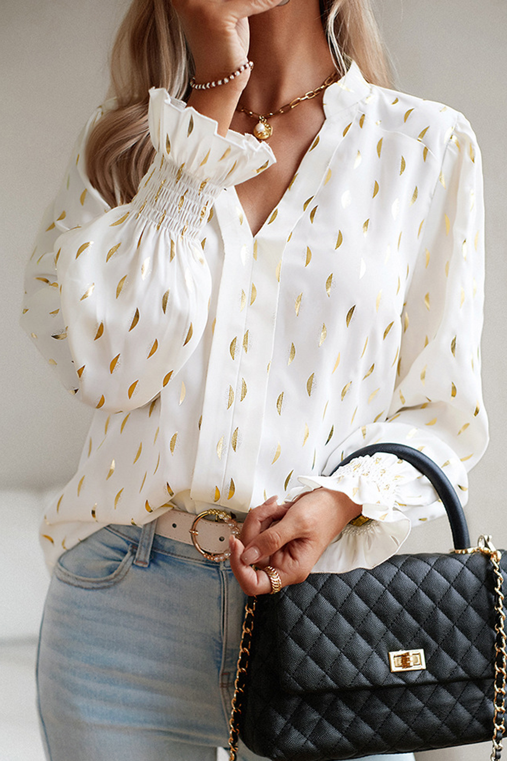 Beige Foil Crescent Print Notched Neck Flounce Sleeve Blouse - loveforevers