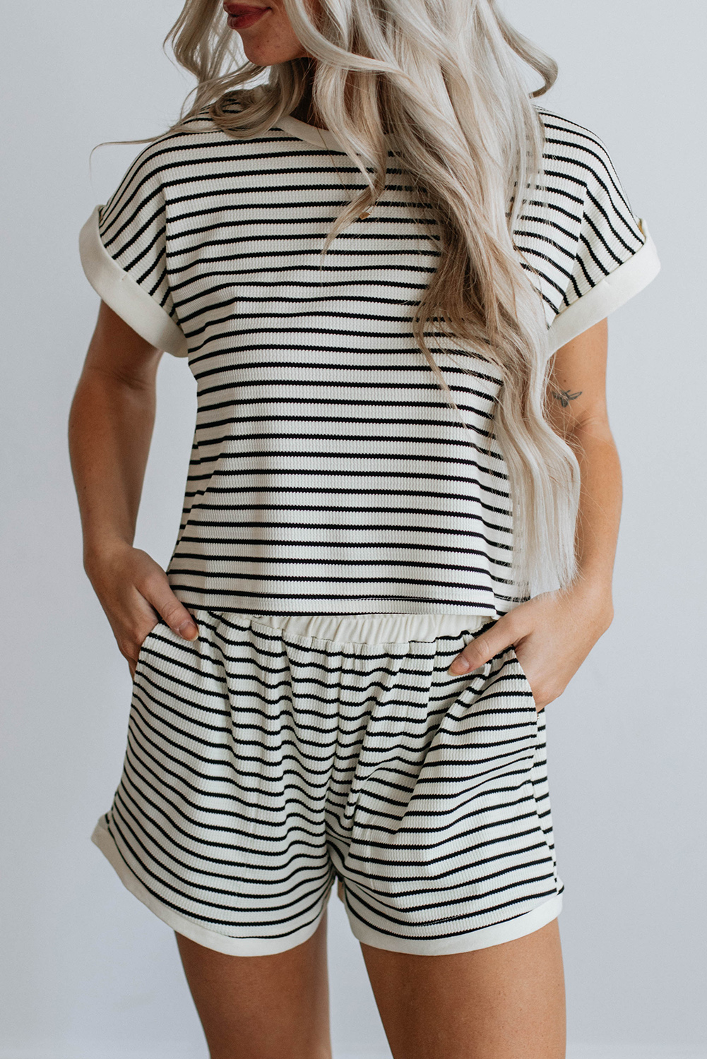 White Stripe Contrast Edge Tee and Shorts Set - loveforevers