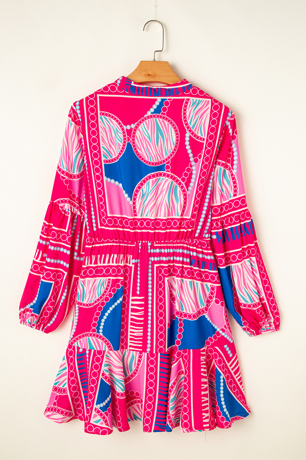 Rose Boho Abstract Printed Puff Sleeve Drawstring Waist Ruffled Mini Dress - loveforevers
