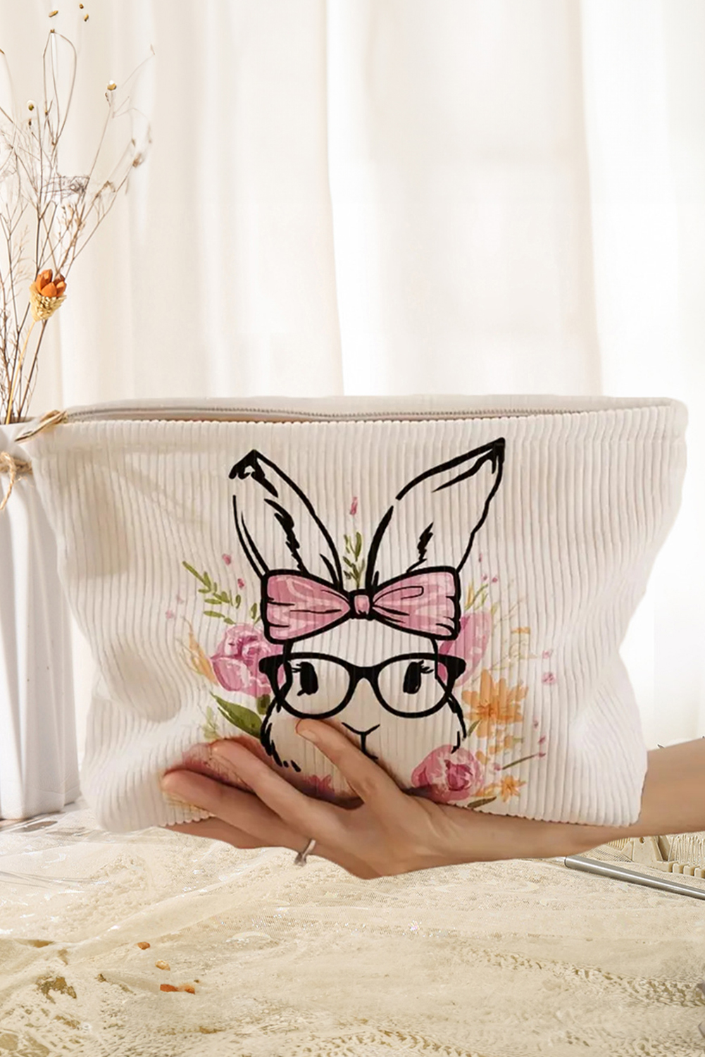 White Easter Bunny Print Corduroy Makeup Storage Bag - loveforevers