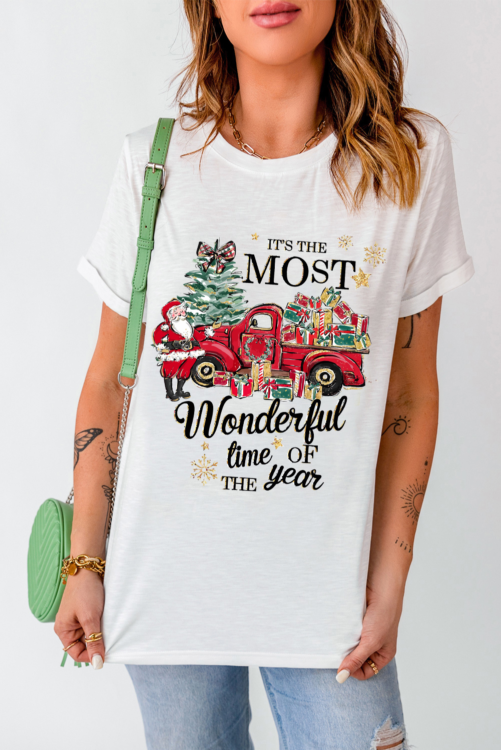 White Christmas Pattern Slogan Print Crew Neck T Shirt - loveforevers