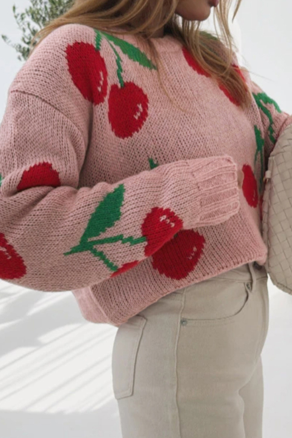 Pink Dainty Cherry Print Loose Cropped Sweater - loveforevers