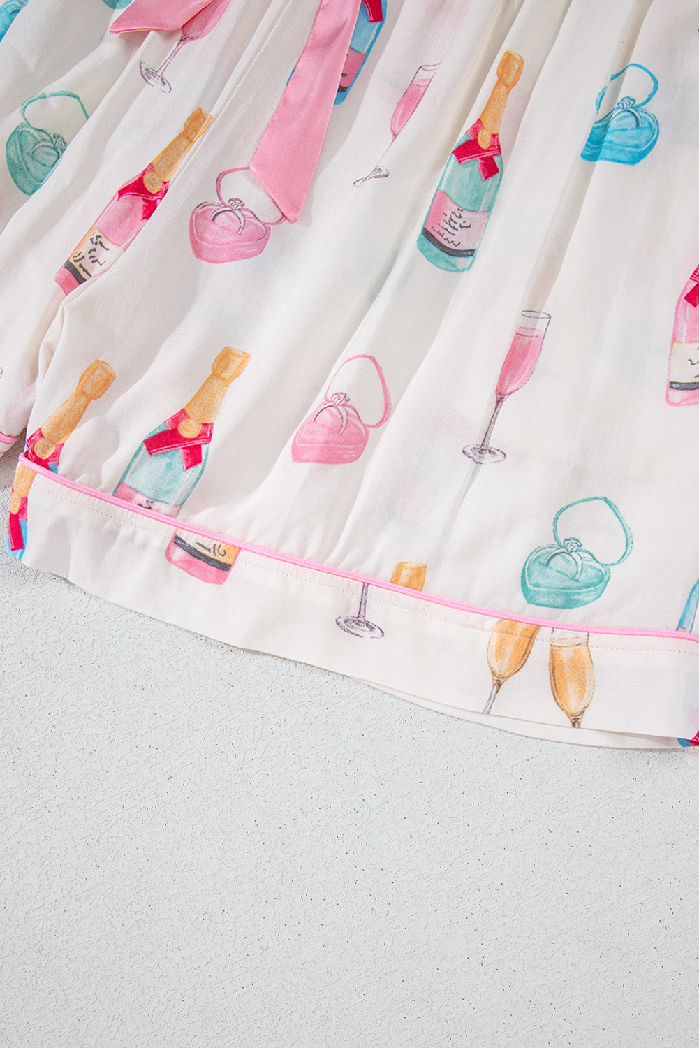 White Christmas Wine Glass Print Bow Knot Two Piece Pajama Set - loveforevers
