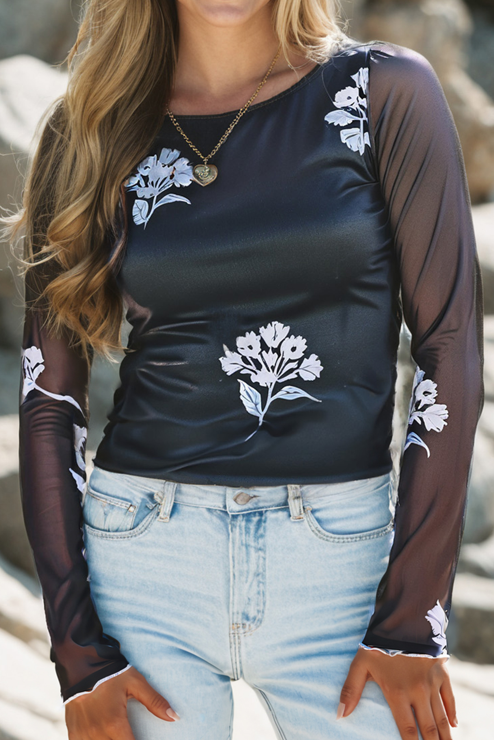 Black Floral Print Sleek Bodice Mesh Long Sleeve Top - loveforevers