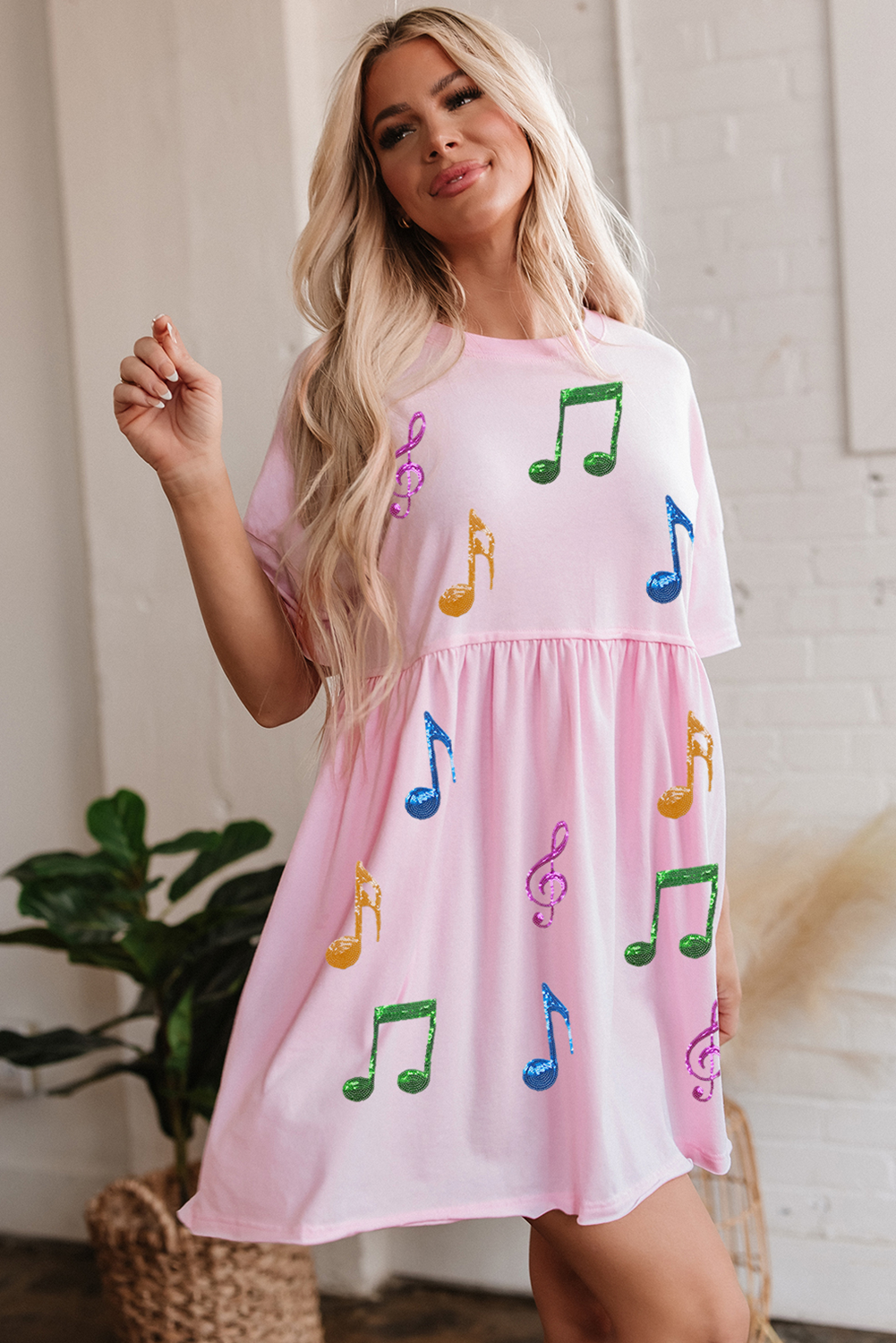 Light Pink Sequined Note Pattern Raw Edge Music Festival Babydoll T-shirt Dress - loveforevers