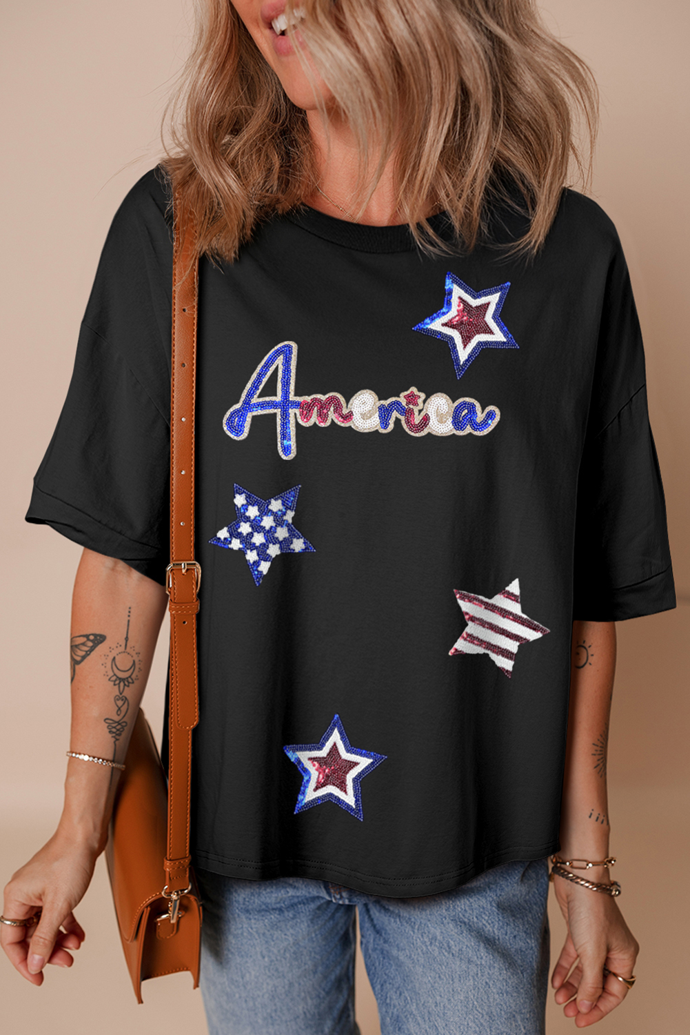 Black Sequin USA Bow Graphic Independence Day T Shirt - loveforevers