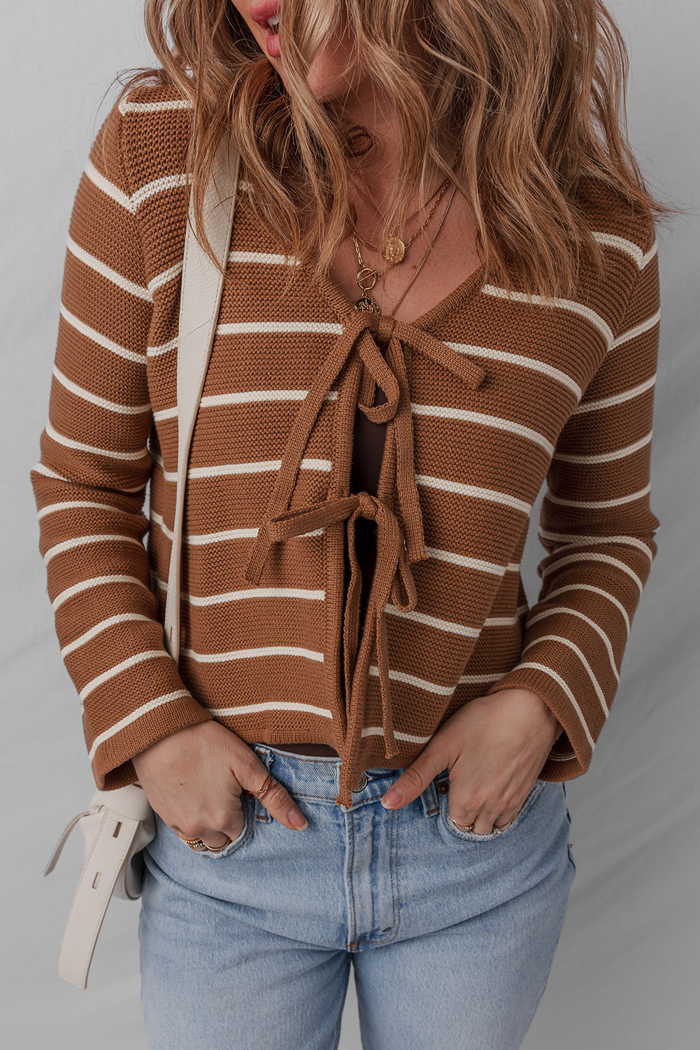 Chestnut Tie Front Striped Knit V Neck Cardigan Sweater - loveforevers