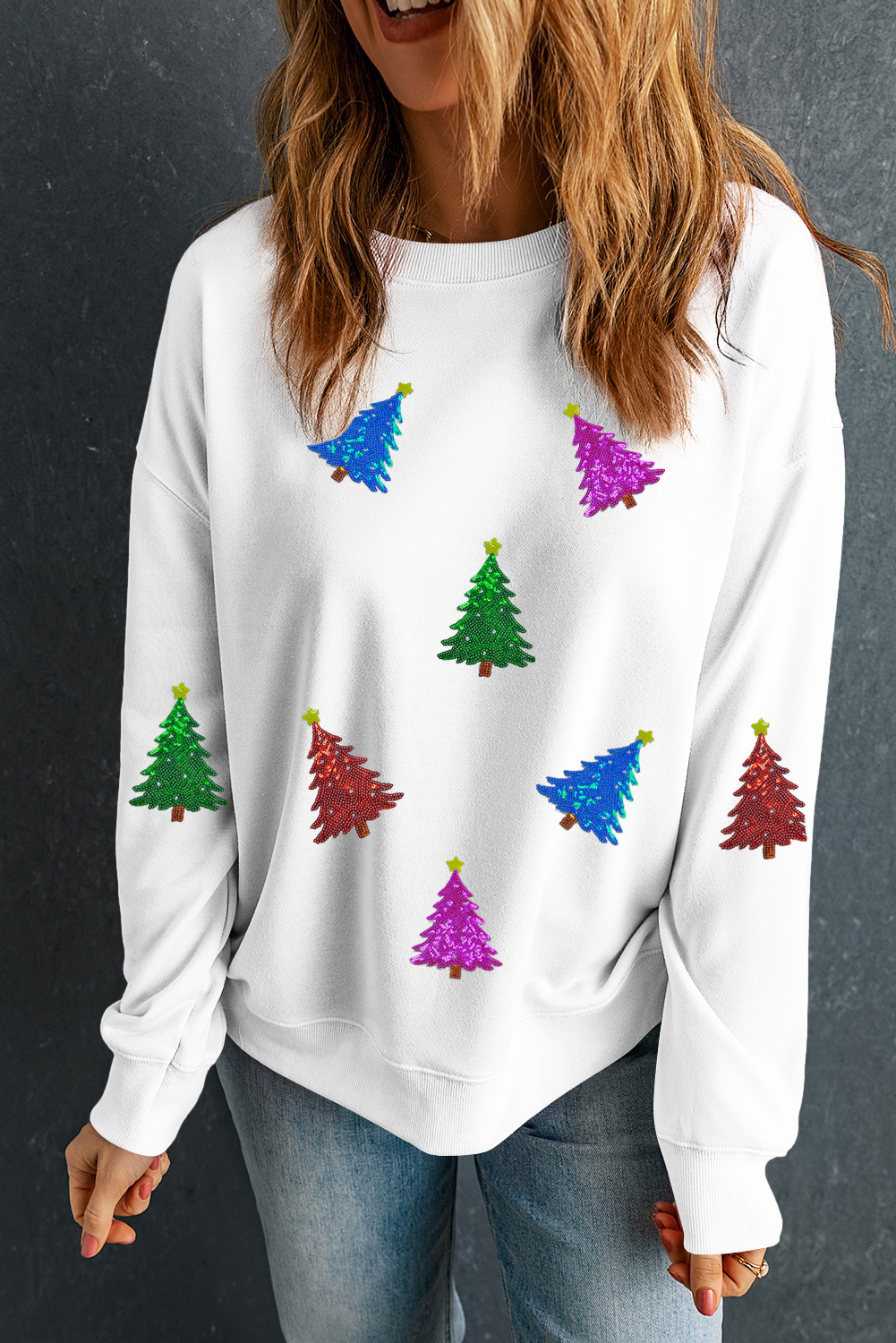 White Shiny Christmas Tree Patched Patterned Festive Sweatshirt - loveforevers