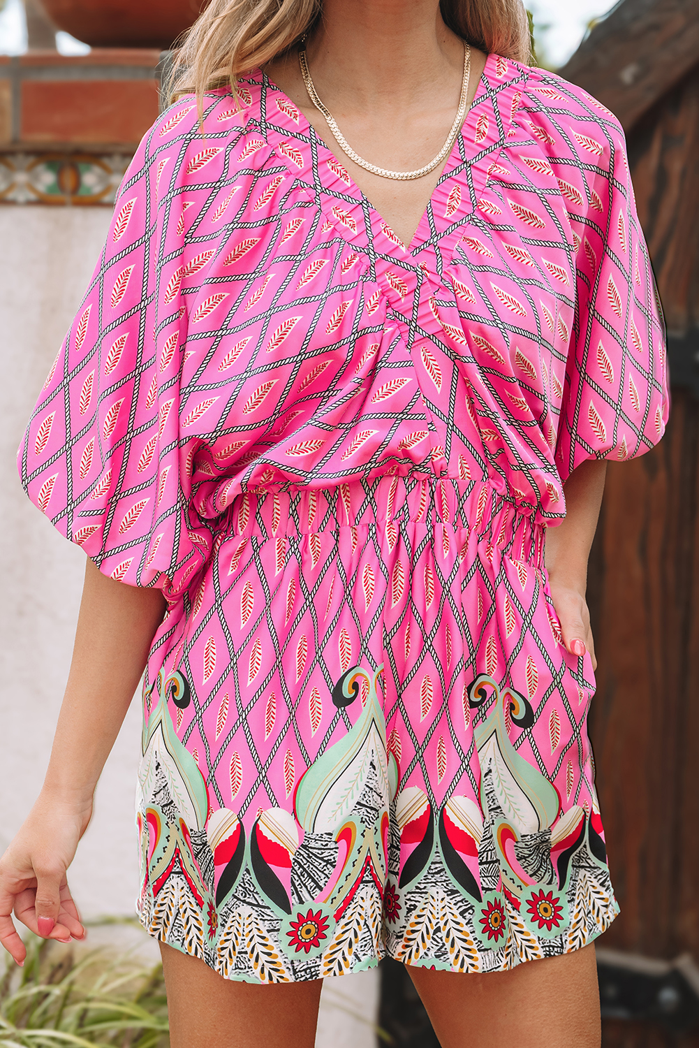 Pink Paisley Geometric Print V Neck High Waist Romper - loveforevers