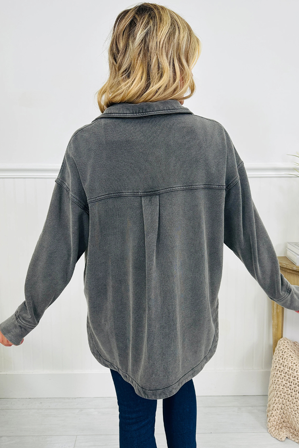 Medium Grey Mineral Wash Chest Pockets Drop Shoulder Shacket with Side Slit - loveforevers