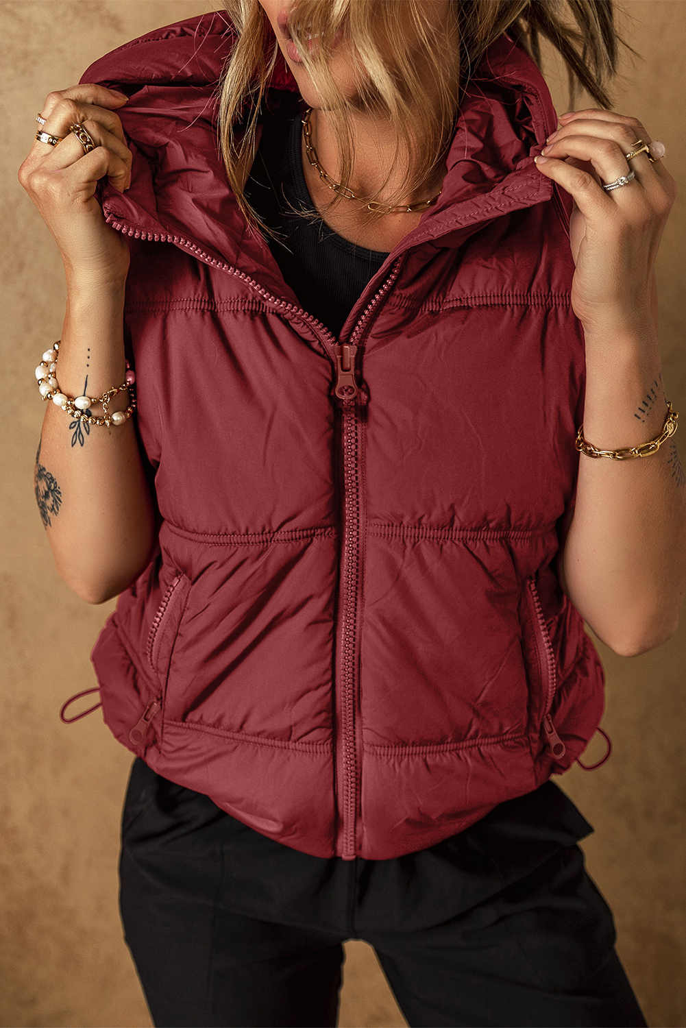 Clay Zip-up Side Pockets Hooded Puffer Vest - loveforevers