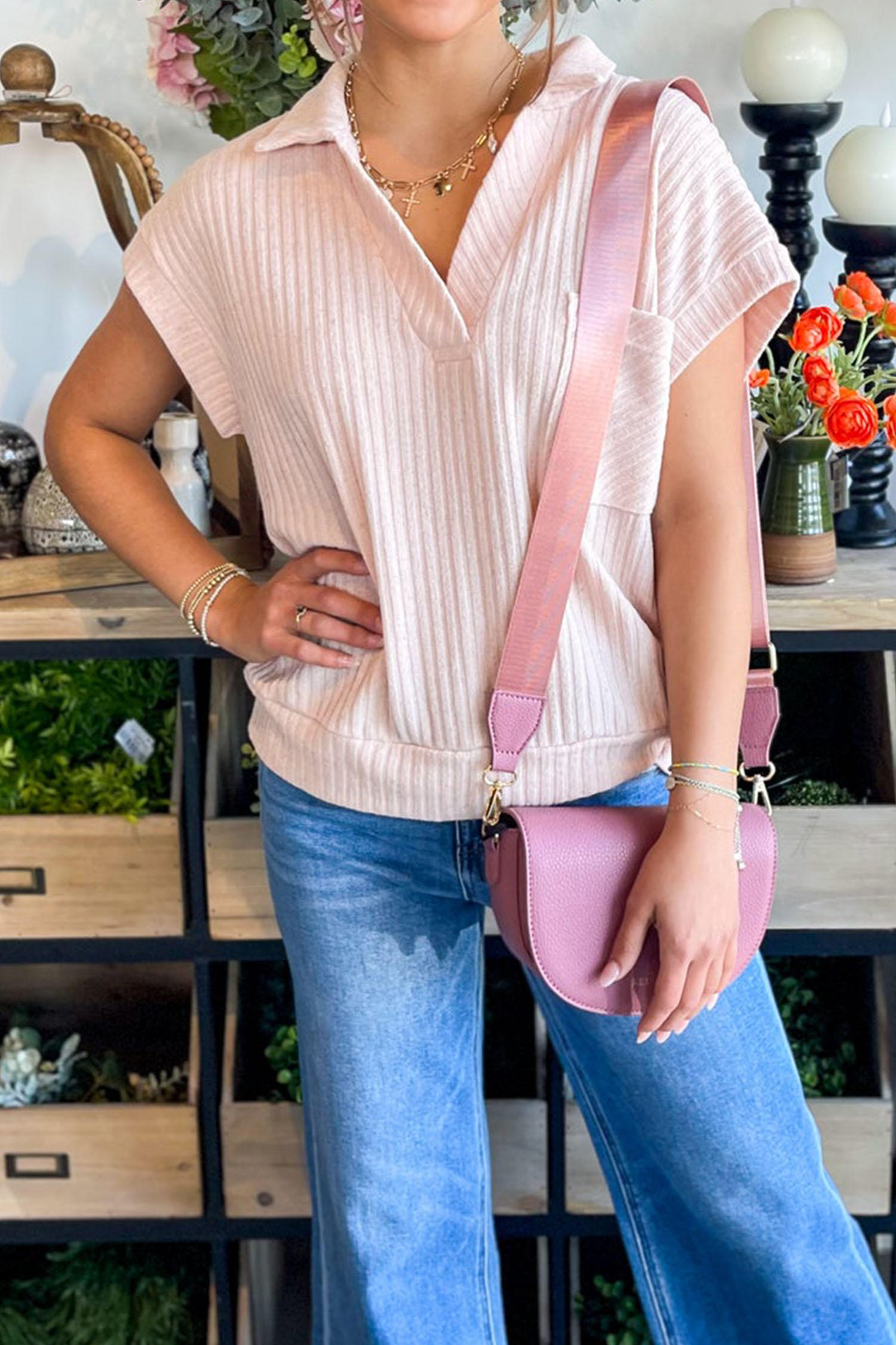 Light Pink Collared V Neck Ribbed Tee - loveforevers