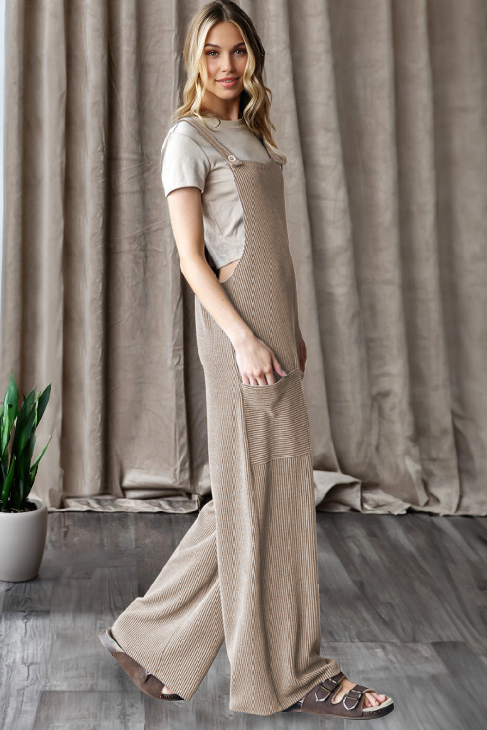 Dark Grey Ribbed Knit Patched Pocket Wide Leg Overalls - loveforevers