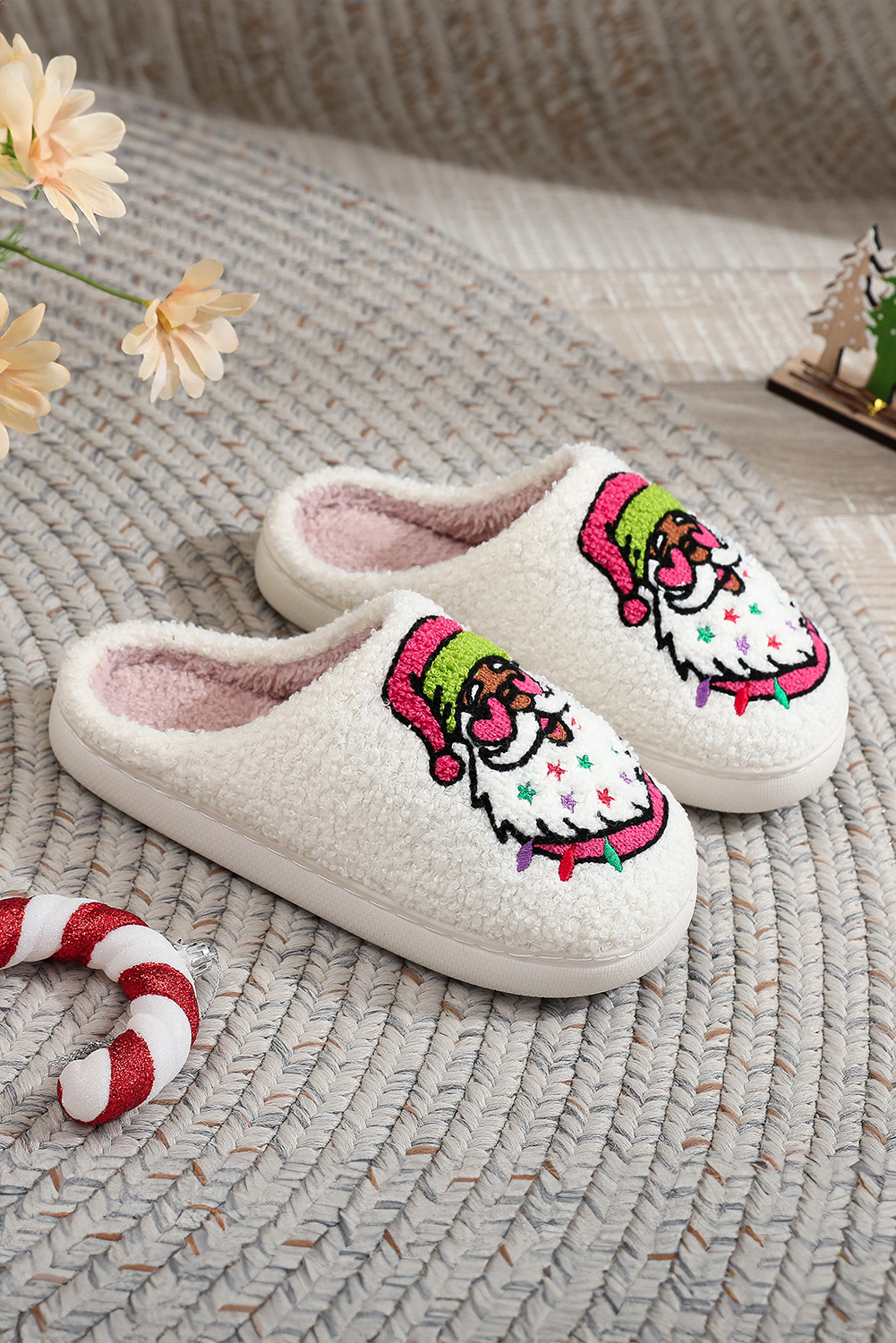 White Starry Santa Claus Pattern Christmas Plush Slippers - loveforevers
