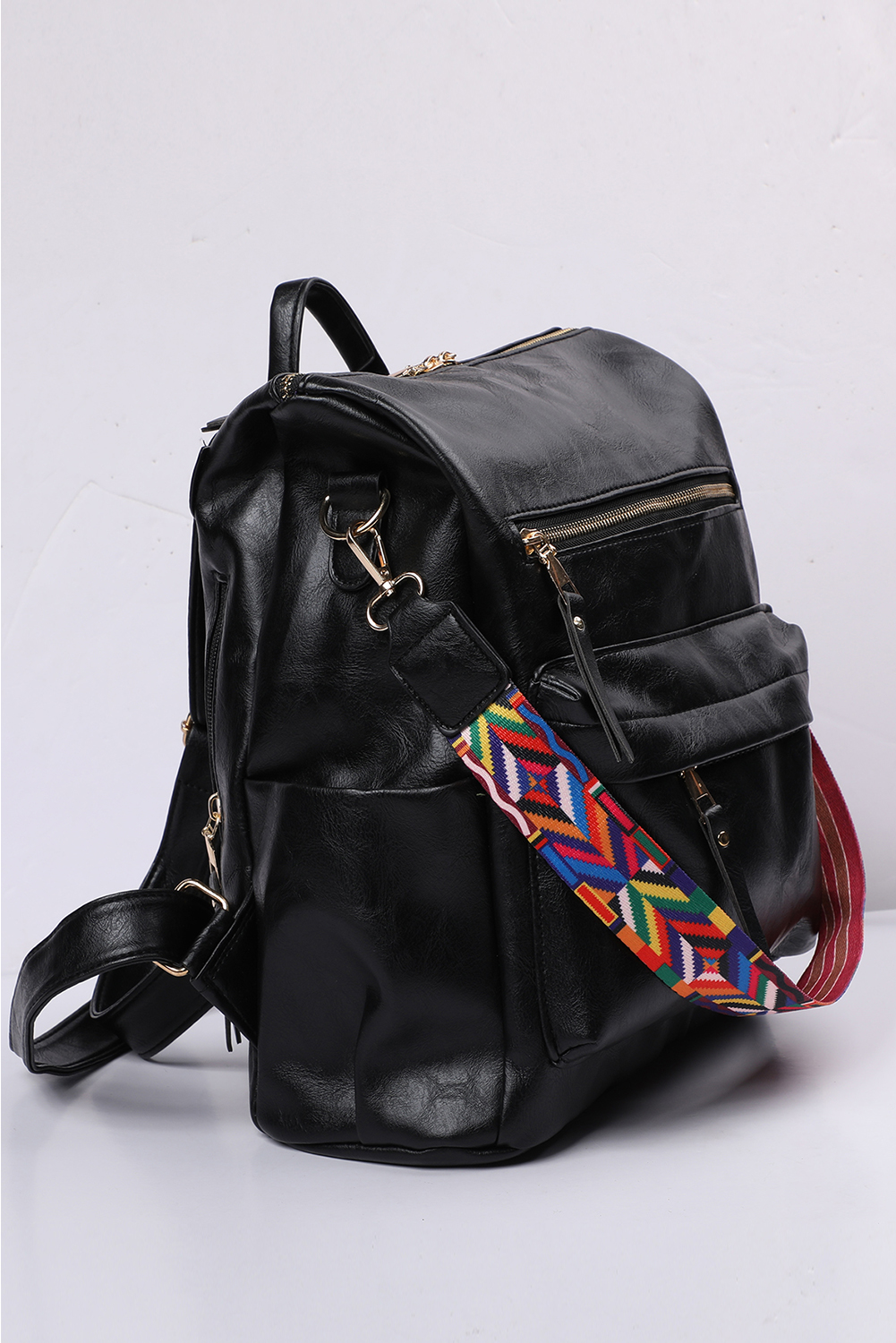 Color black Geometric Crochet Strap PU Leather Large Backpack - loveforevers