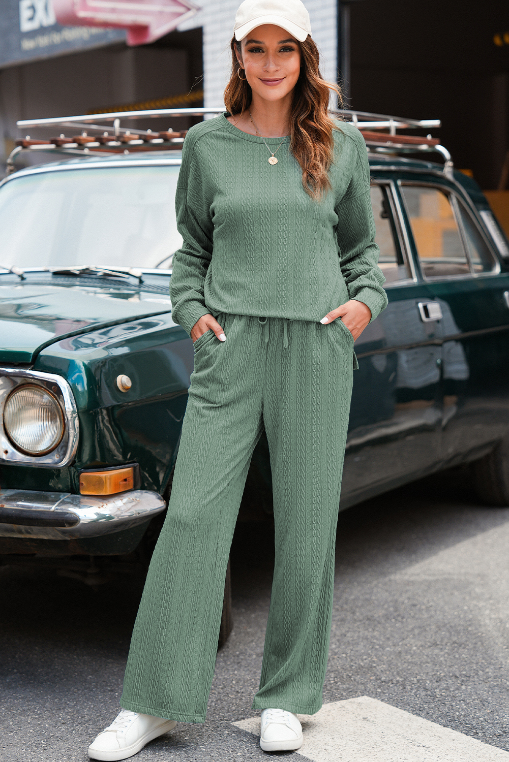 Smoke Green Textured Round Neck Sweatshirt & Loose Drawstring High Waist Pant Set - loveforevers
