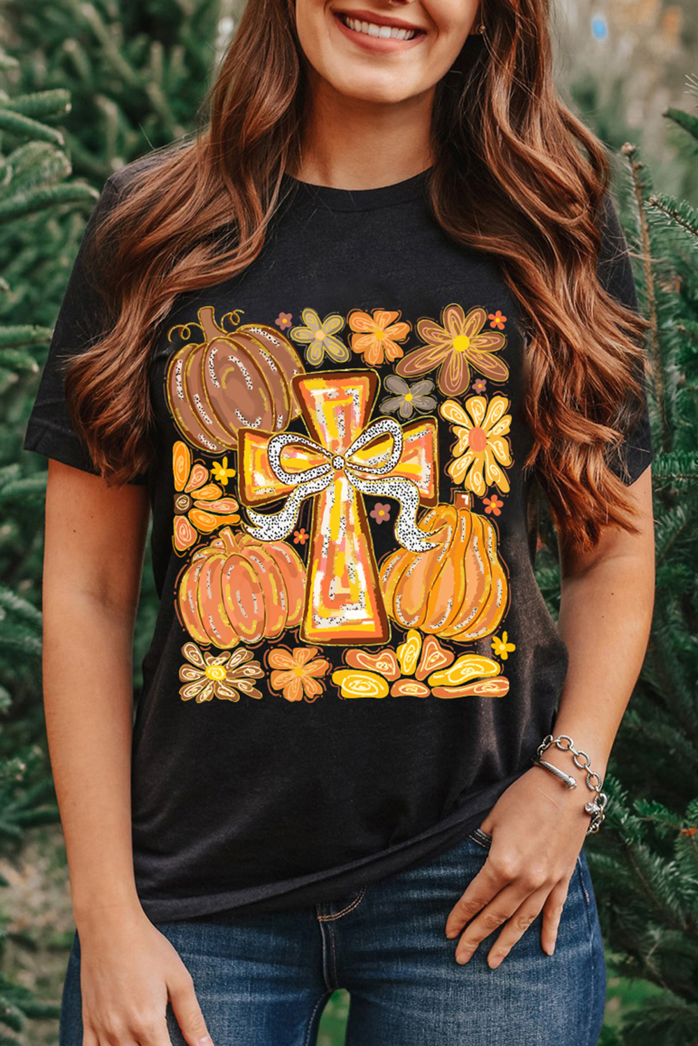 Black Thanksgiving Pray Cross Pumpkin Graphic Cotton Blend Tee - loveforevers