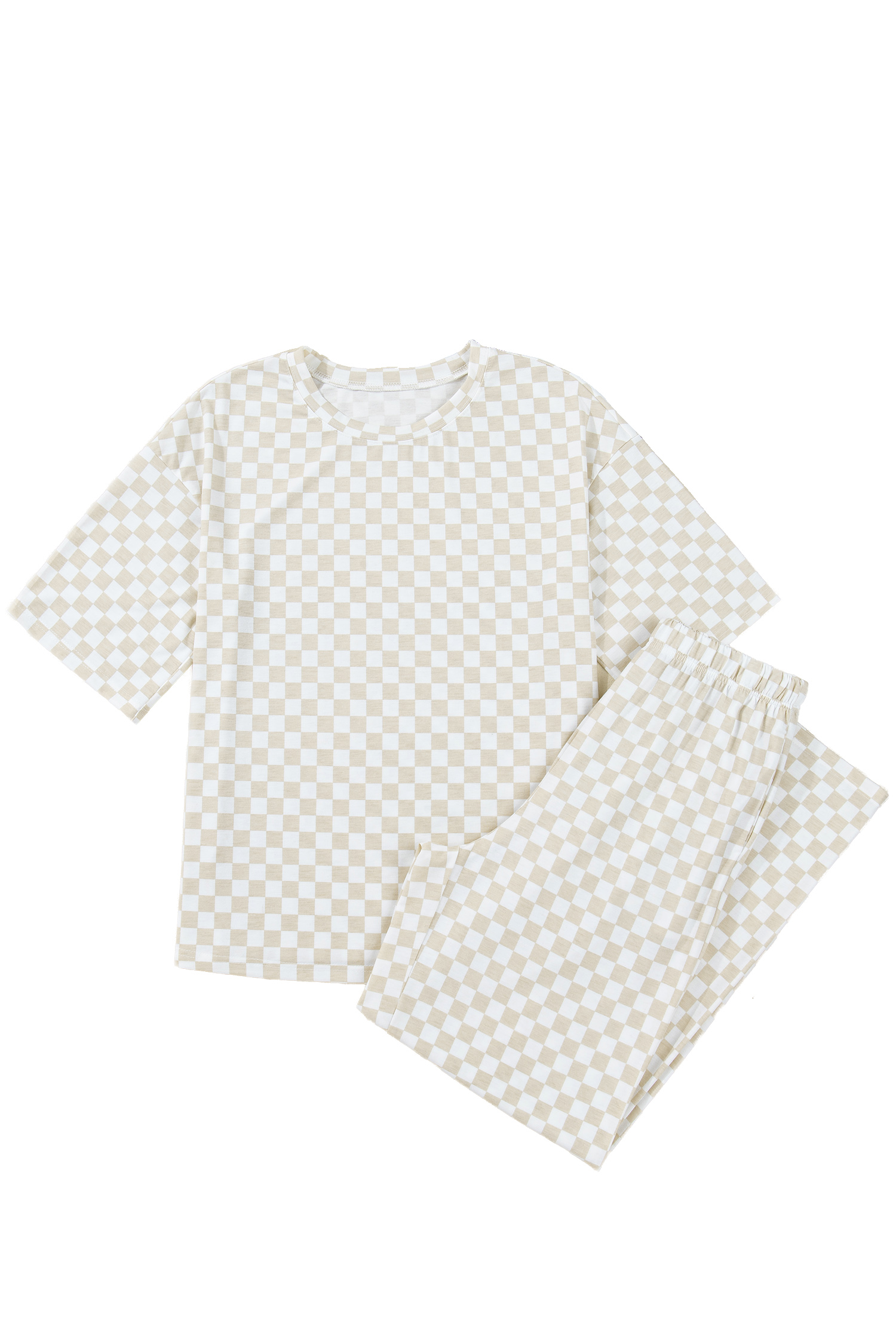 Khaki Checkered Print Half Sleeve Tee 2pcs Lounge Pant Set - loveforevers