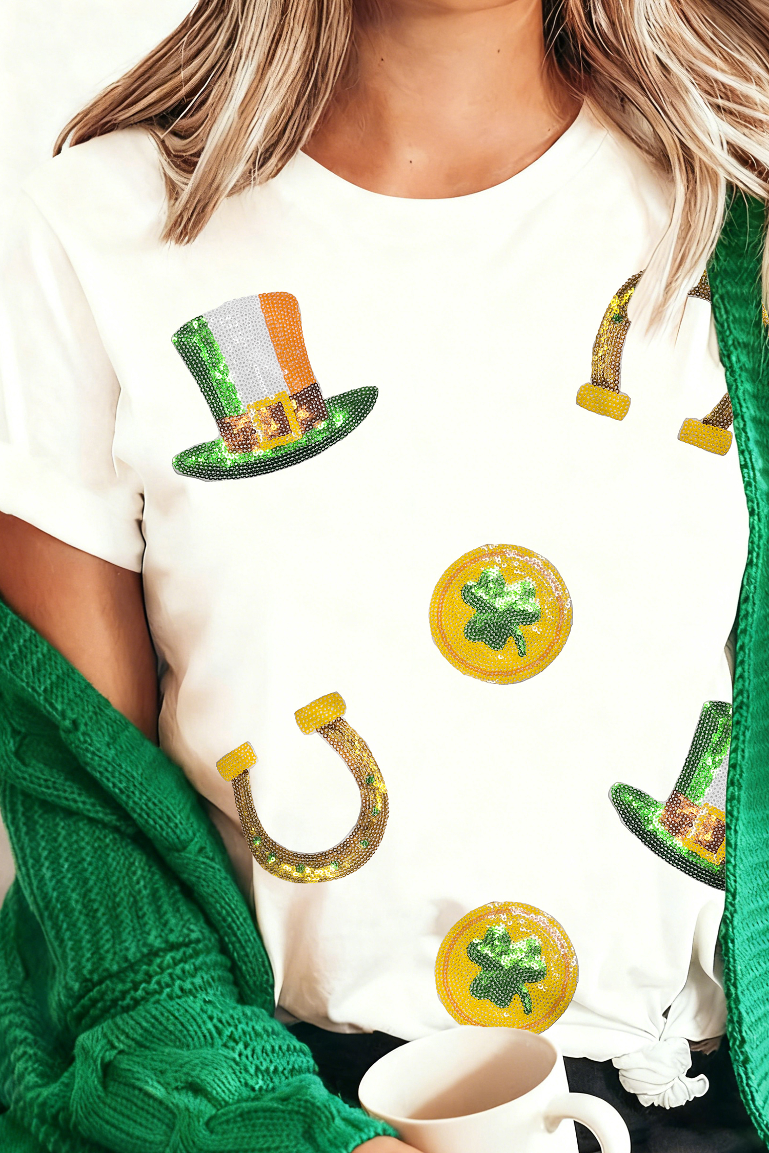 White St Patricks Day Sequin Graphic Casual T Shirt - loveforevers
