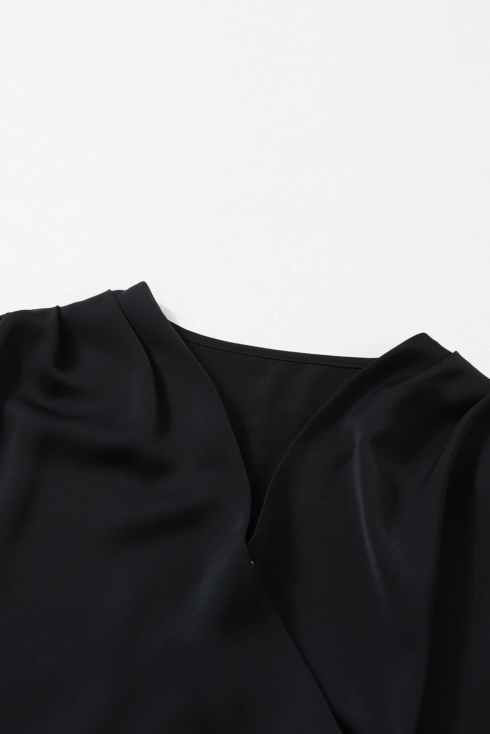 Black Solid Surplice Neck Shirred Cuffs Draped Blouse - loveforevers
