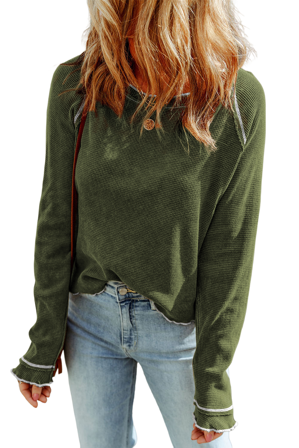 Smoke Gray Textured Round Neck Long Sleeve Top - loveforevers