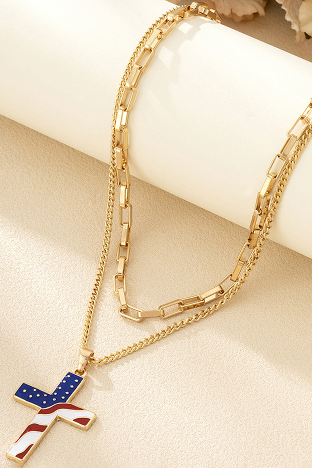 Gold Plated Double Chain Stars and Stripes Cross Pendent Necklace - loveforevers