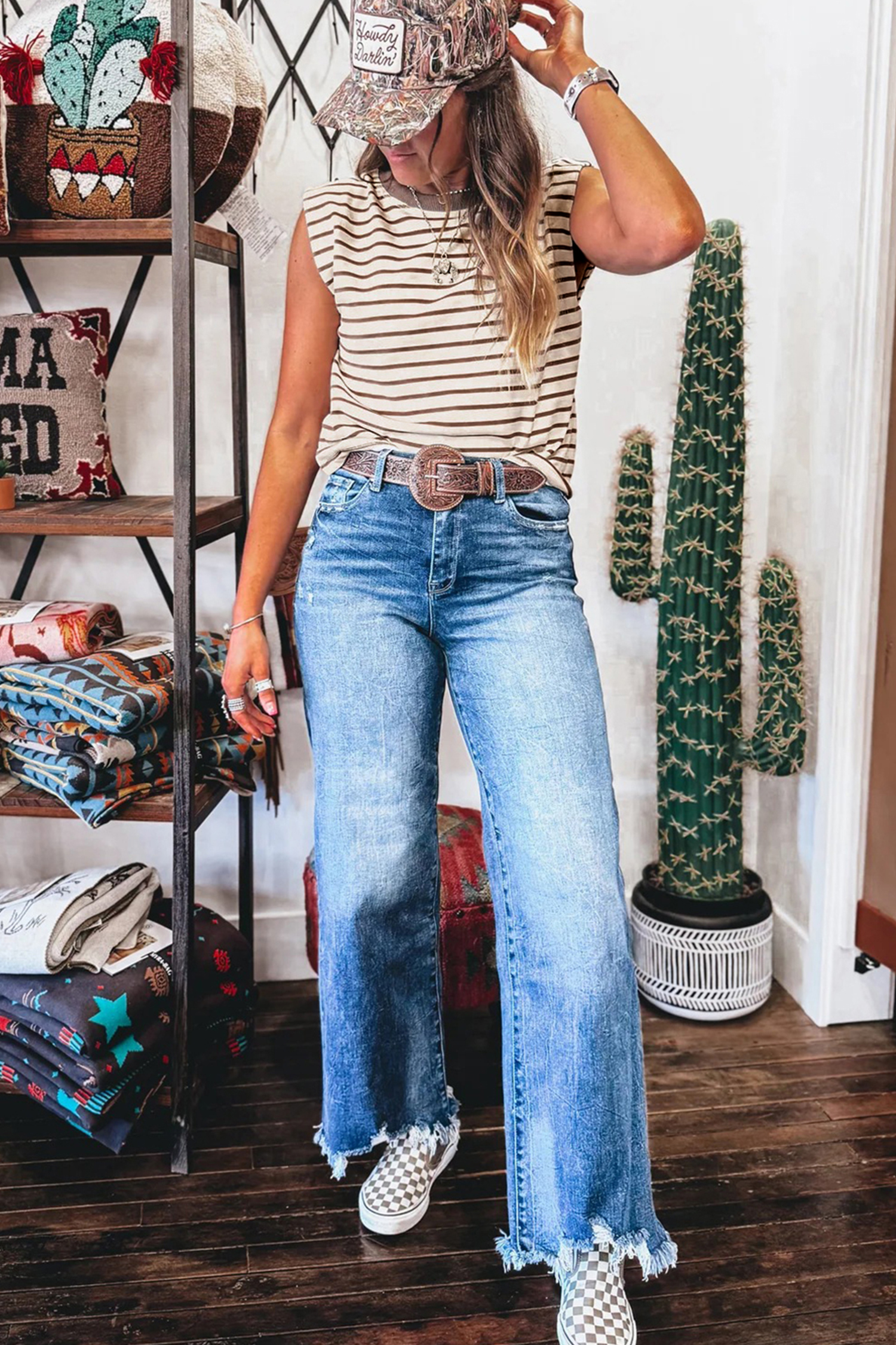 Brown Stripe Ribbed Round Neck Trim Loose Tank Top - loveforevers