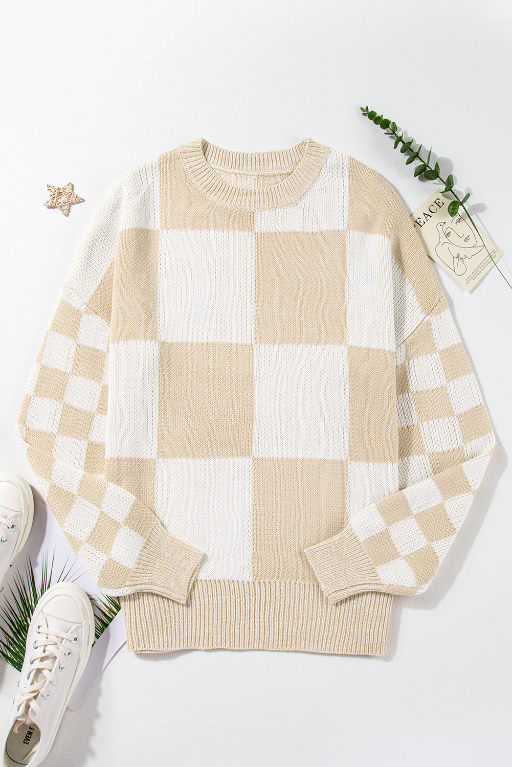Flaxen Checkered Print Drop Shoulder Sweater - loveforevers