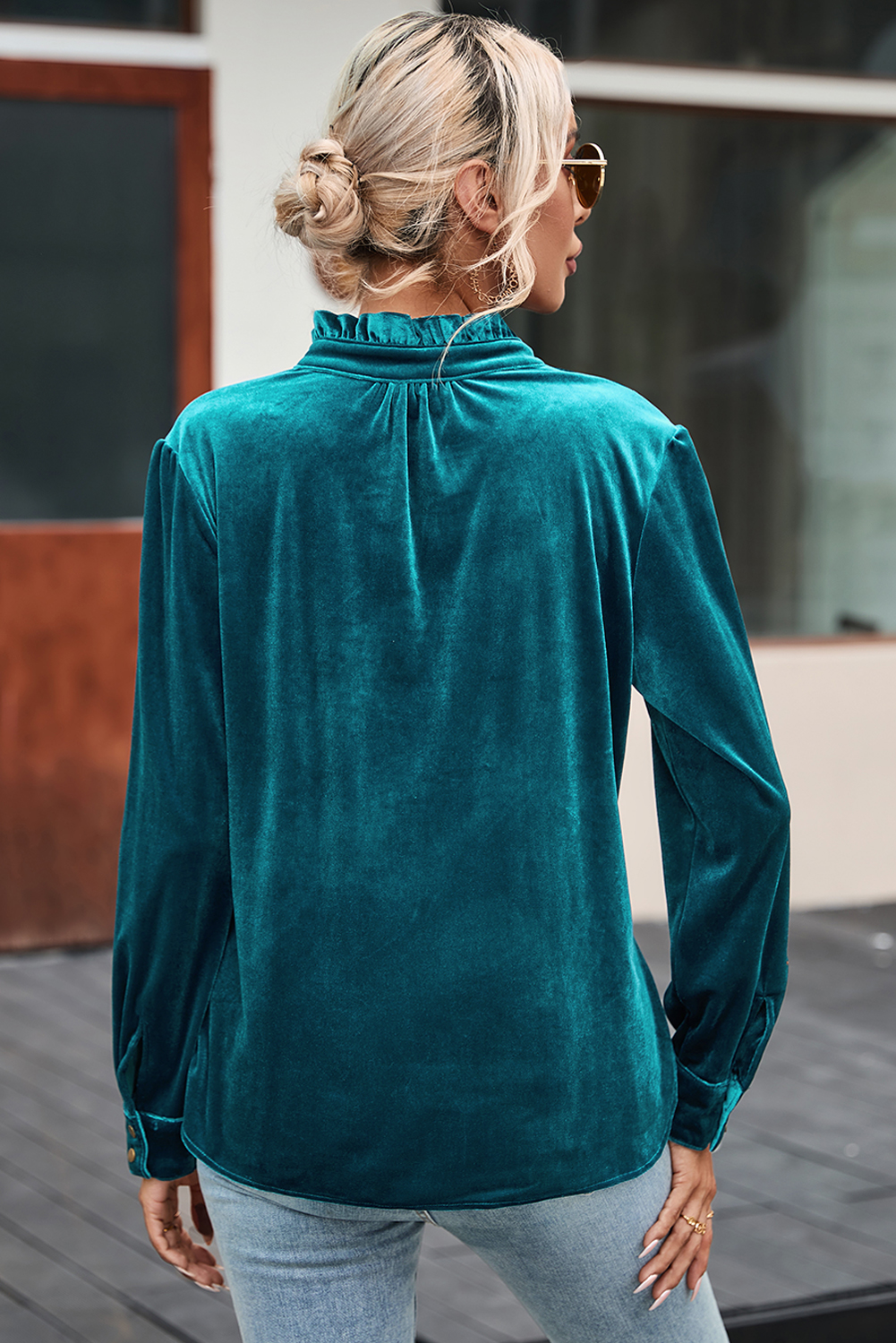 Burgundy Frilled Neck Buttoned Front Velvet Top - loveforevers