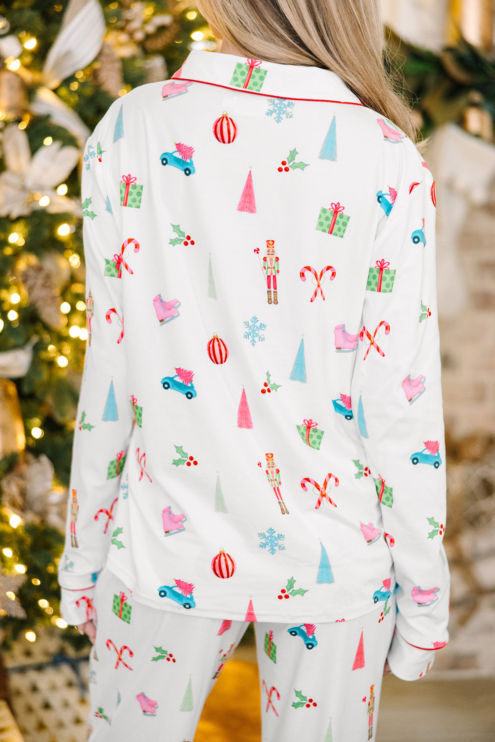 White Christmas Print Lapel Shirt and Pants Sleepwear - loveforevers