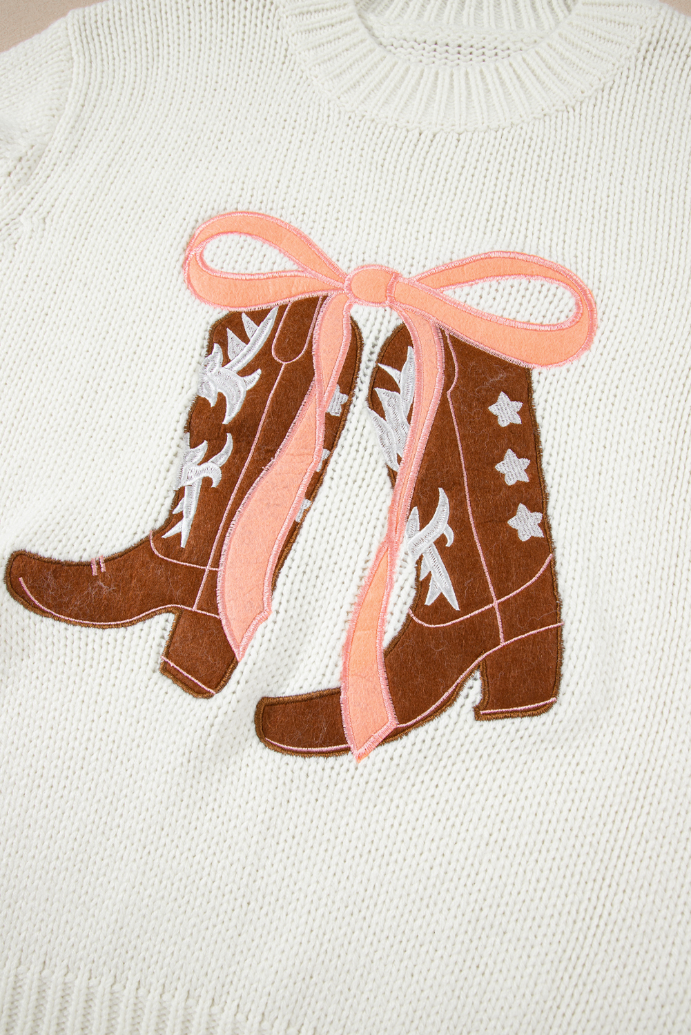 White Embroidered Bow Boots Graphic Drop Shoulder Sweater - loveforevers
