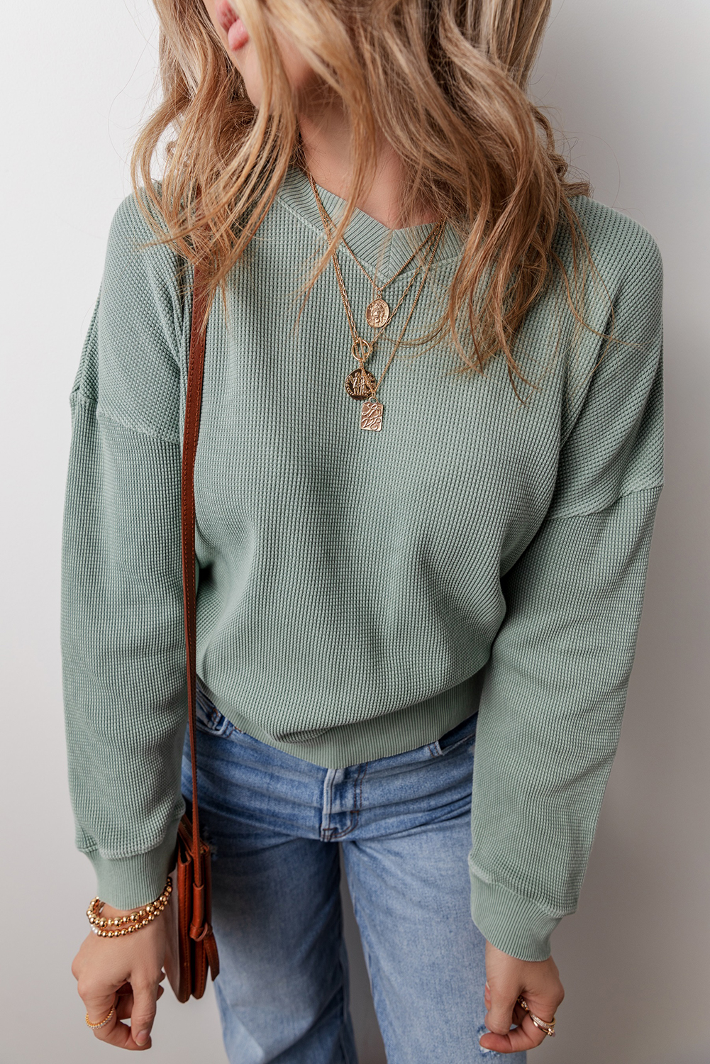 Clearly Aqua Waffle Knit Drop Shoulder V Neck Top - loveforevers