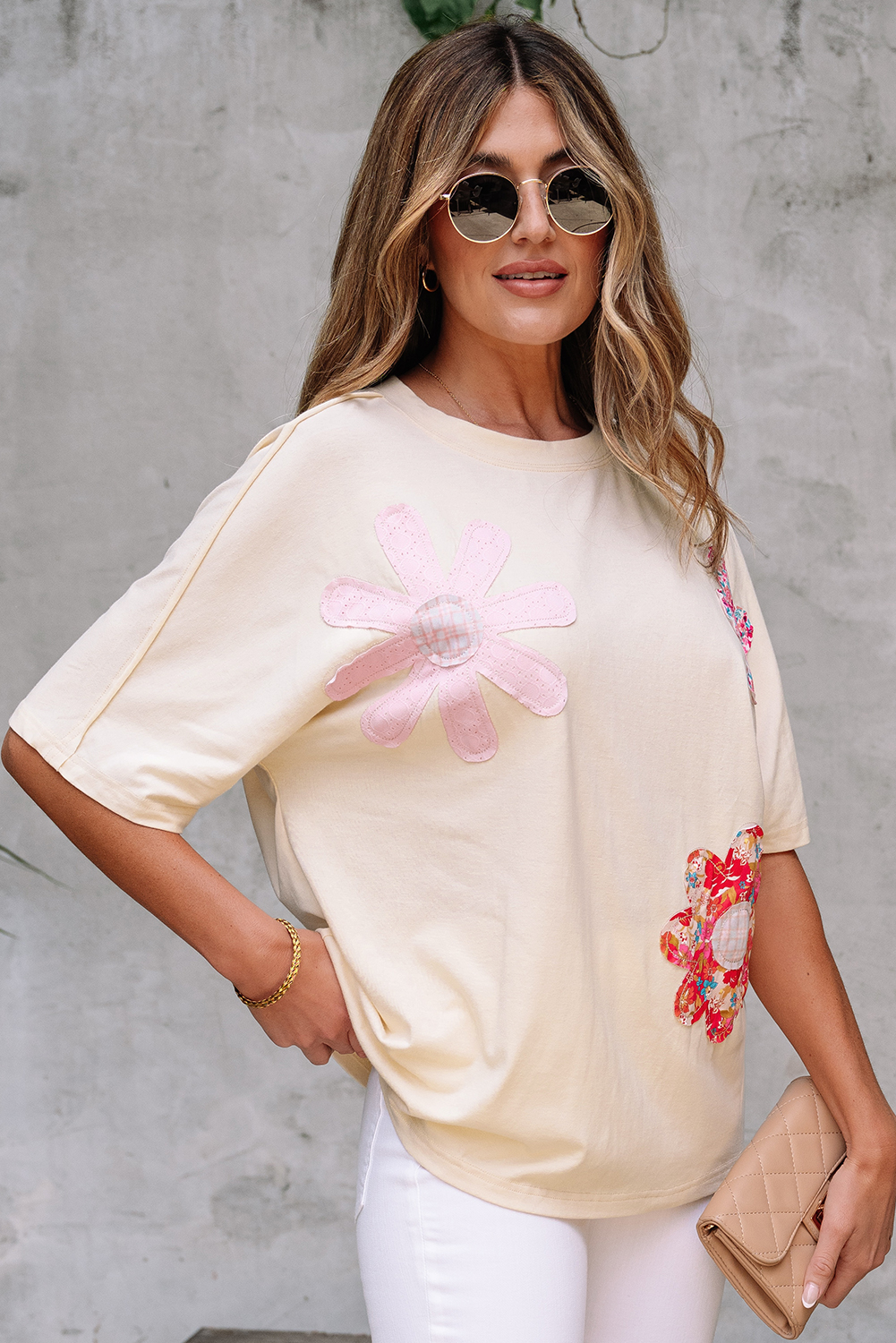 Apricot Flower Patched Exposed Stitching Trim Crew Neck Loose Tee - loveforevers
