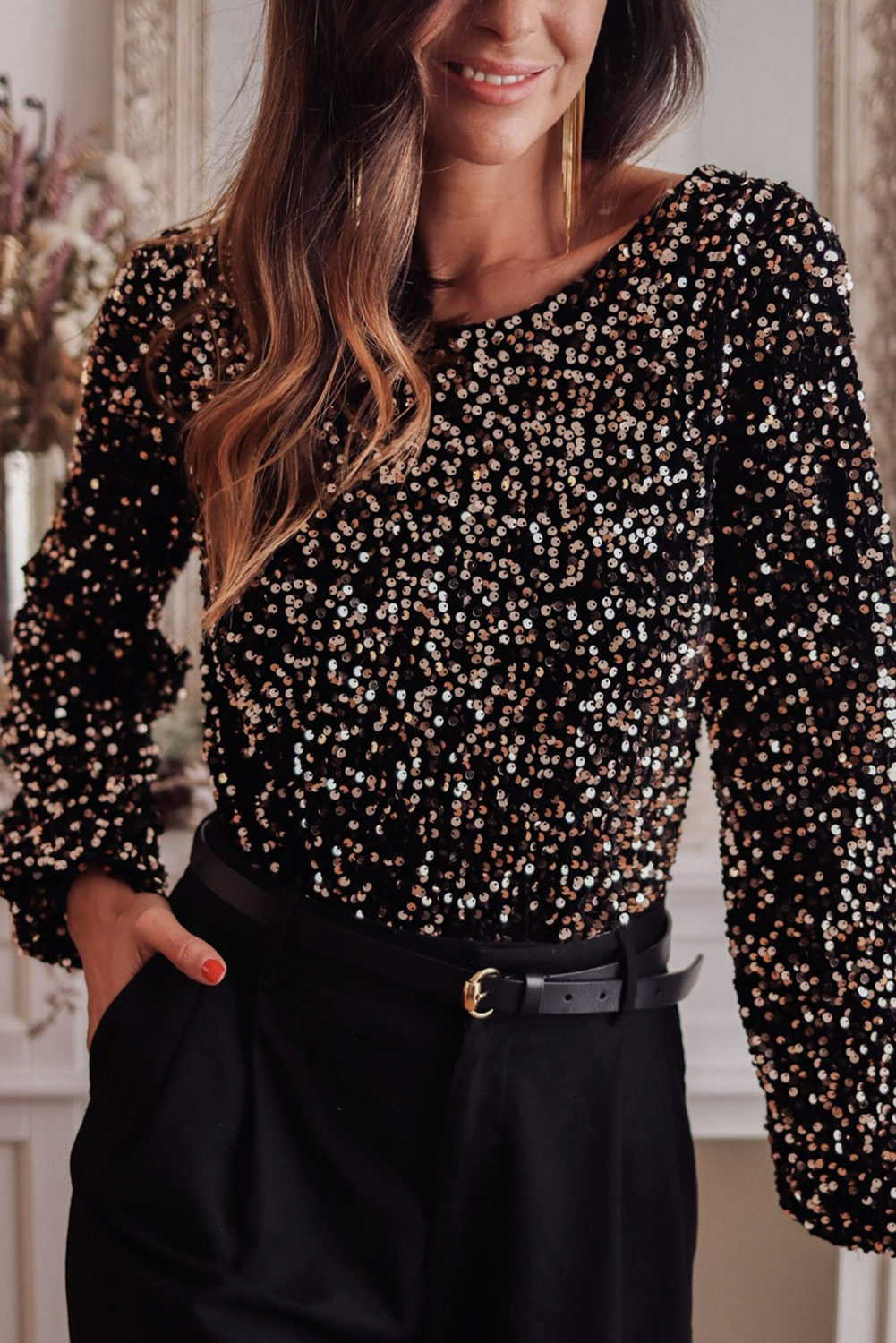 Black Deep V Back Sequin Puff Sleeve Bodysuit - loveforevers