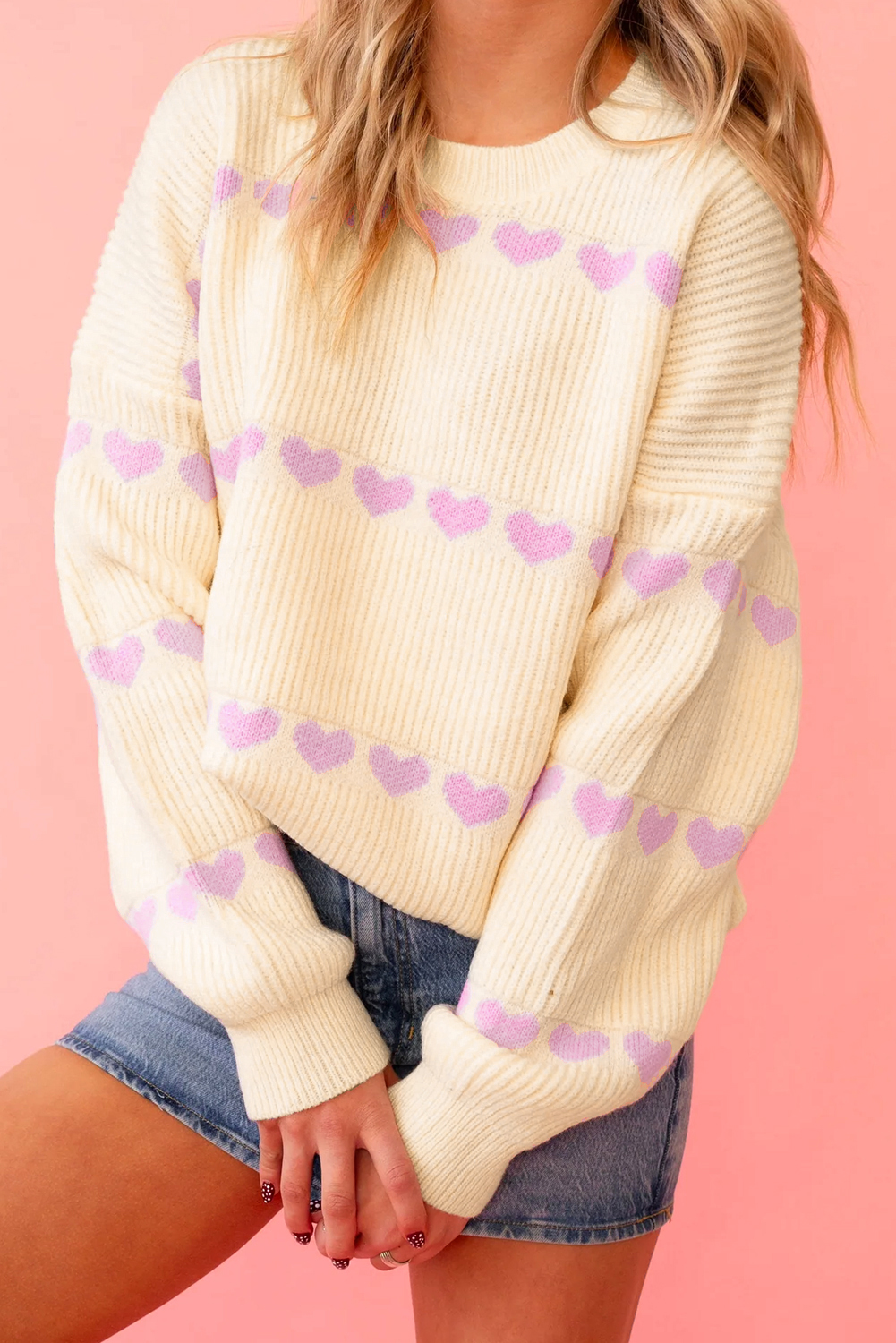 Pink Heart Pattern Valentine Ribbed Knit Sweater - loveforevers