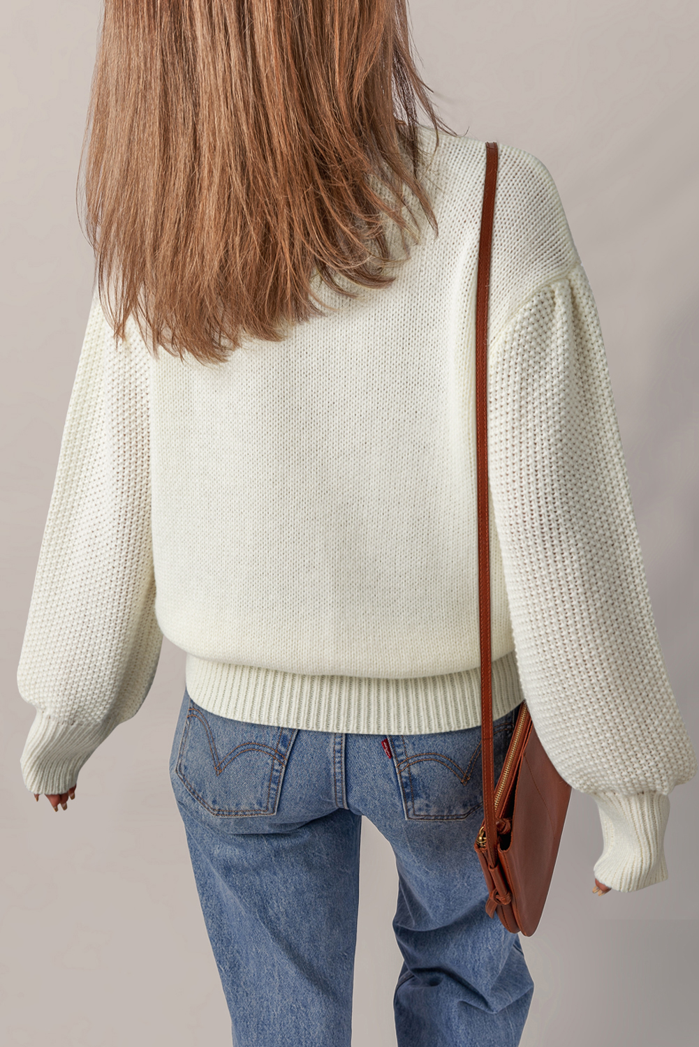 White Flower Detail Round Neck Contrast Textured Puff Sleeve Sweater - loveforevers