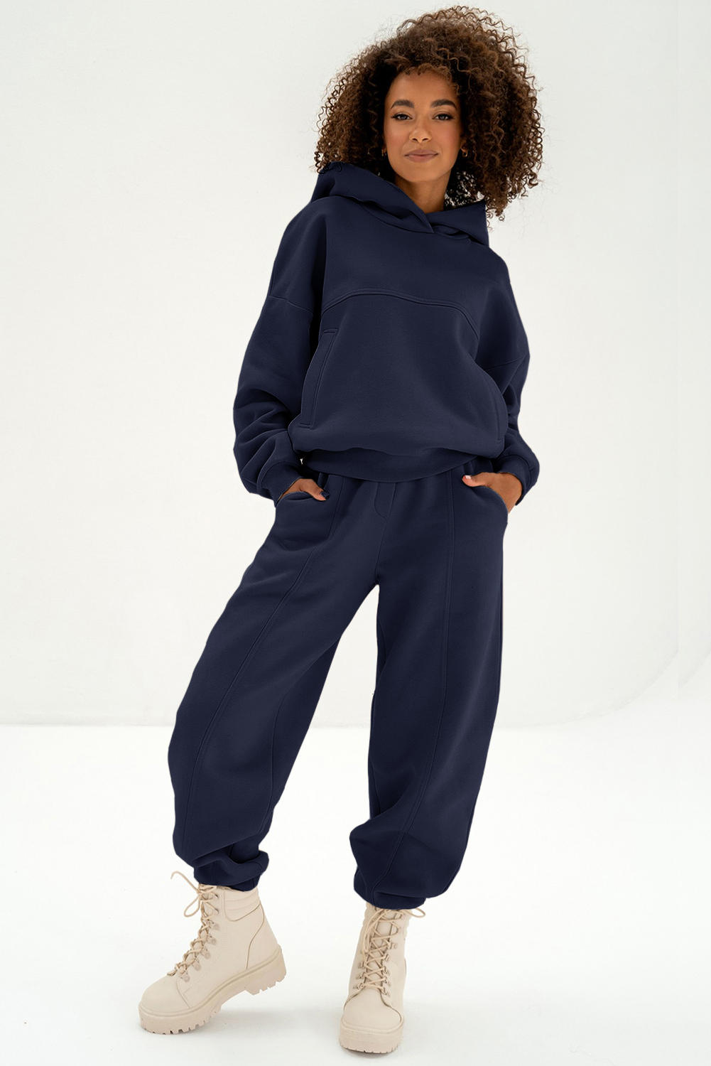 Navy Blue Solid Exposed Seams Hoodie and Joggers Activewear Set - loveforevers