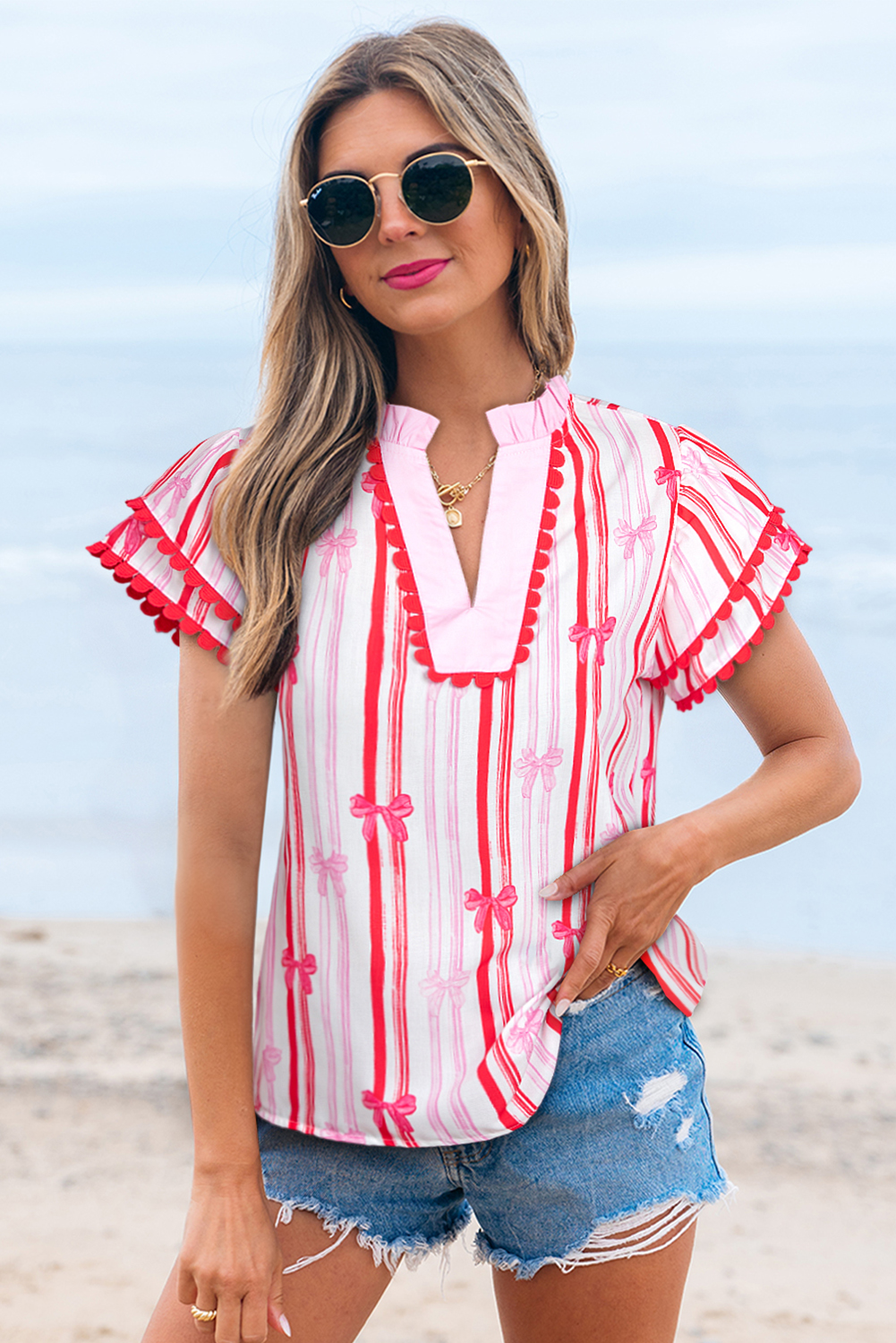 Pink Ric-rac Trim Ruffled Sleeve V Neck Bow Striped Printed Blouse - loveforevers