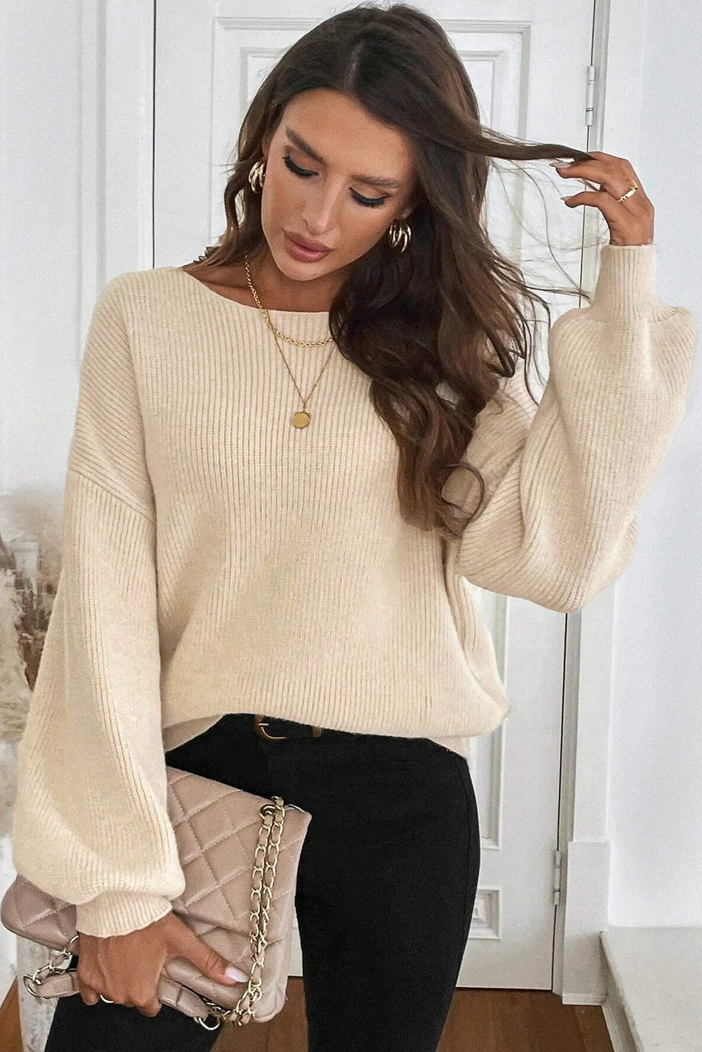 Black Ribbed Knit Ribbon Knot Backless Drop Shoulder Sweater - loveforevers