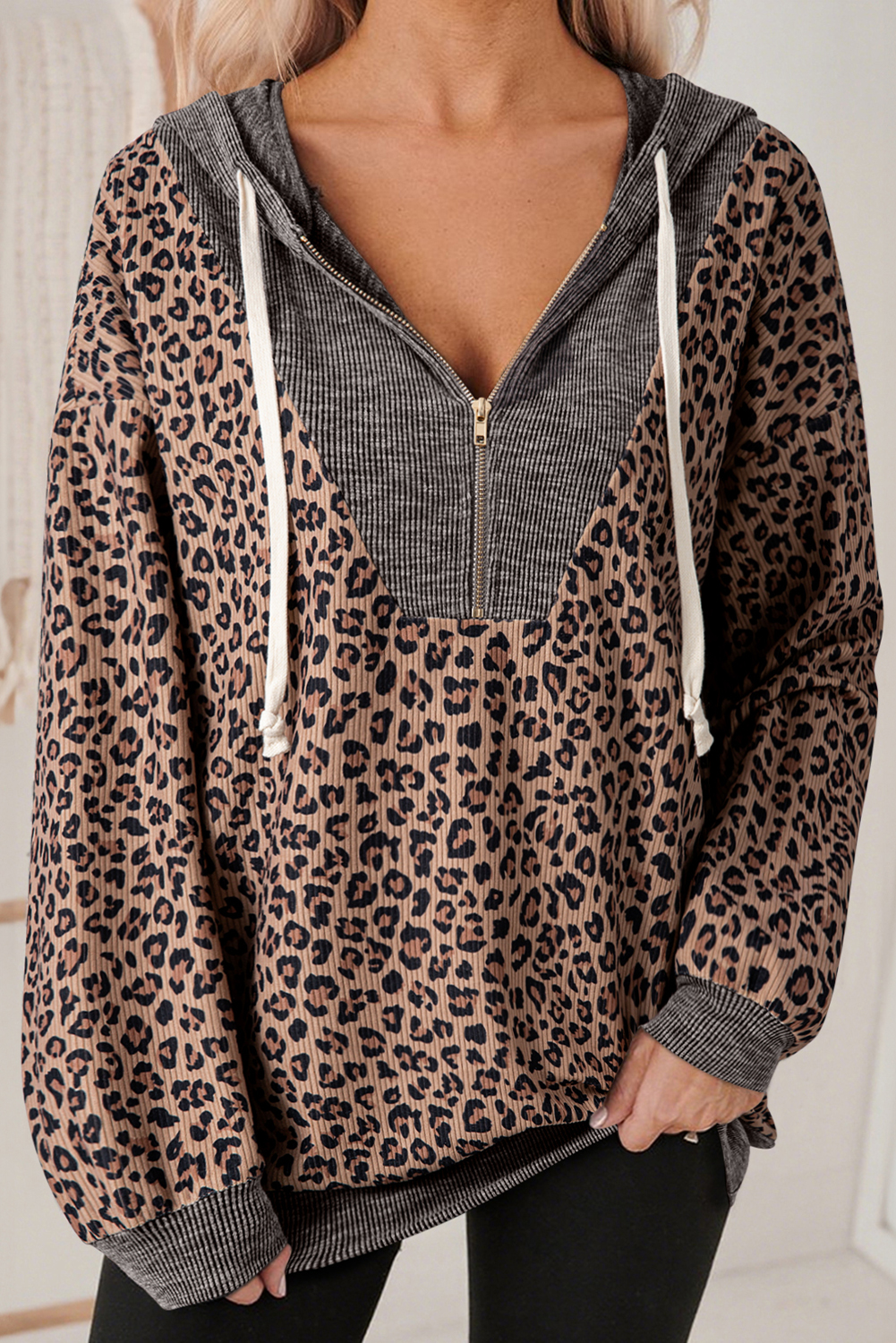 Khaki Ribbed Leopard Print Contrast Collar Zip Hooded Pullover Sweatshirt - loveforevers