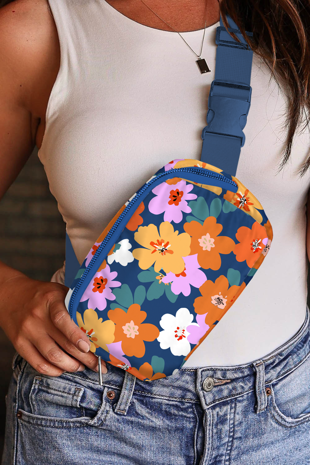 Sail Blue Flower Print Zipper Buckle Wide Strap Sling Bag - loveforevers
